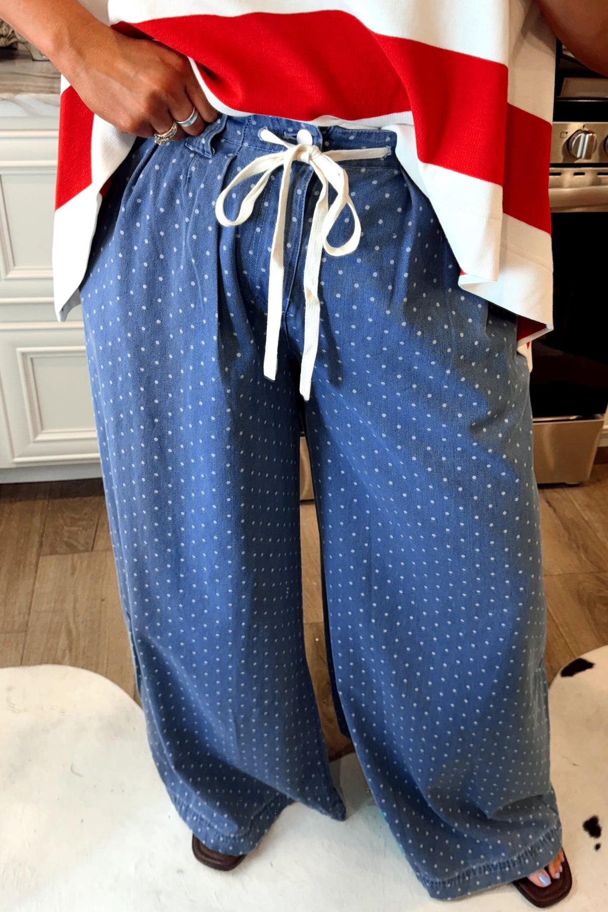 Sky Blue Polka Dot Wide-Leg Full-Length Shift Silhouette Plus Size Jeans