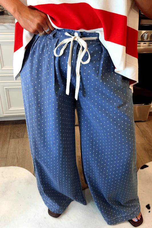 Sky Blue Polka Dot Wide-Leg Full-Length Silhouette Jeans