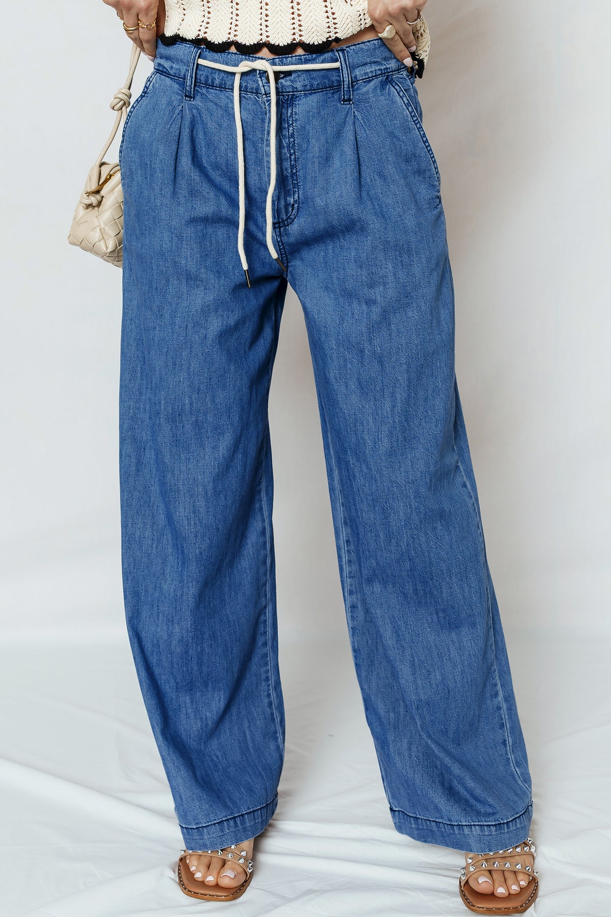 Dusk Blue Lace-up Pull on Wide Leg Jeans