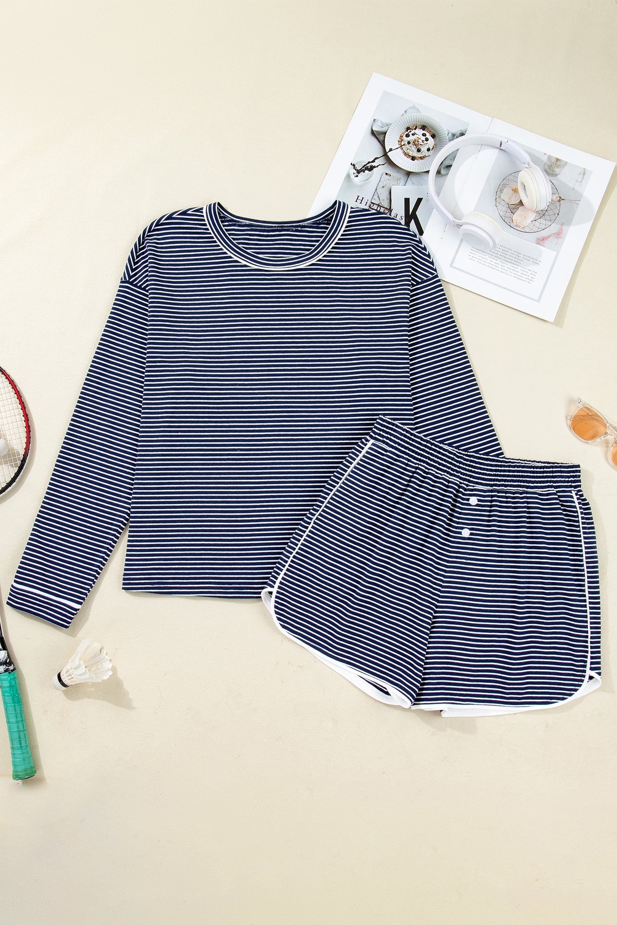 Blue Stripe Long Sleeve Tee and Buttoned Shorts Lounge Set
