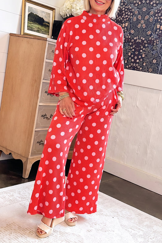Red Polka Dot Ribbed Knit Mock Neck Pullover Pants Two Piece Set