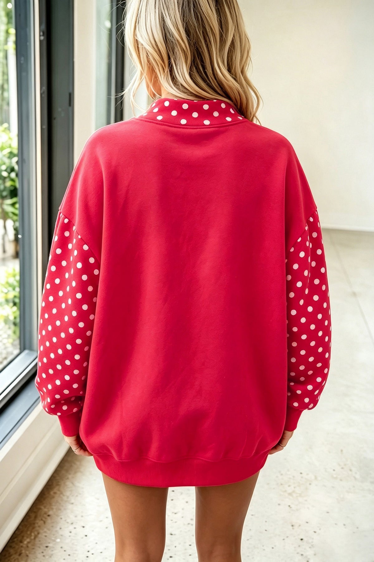 Fiery Red Polka Dot Contrast Long Sleeve Baggy Sweatshirt