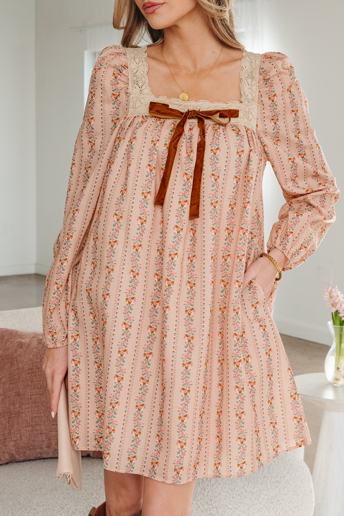 Khaki Floral Print Velvet Bow Lace Patchwork Long Sleeve Mini Dress