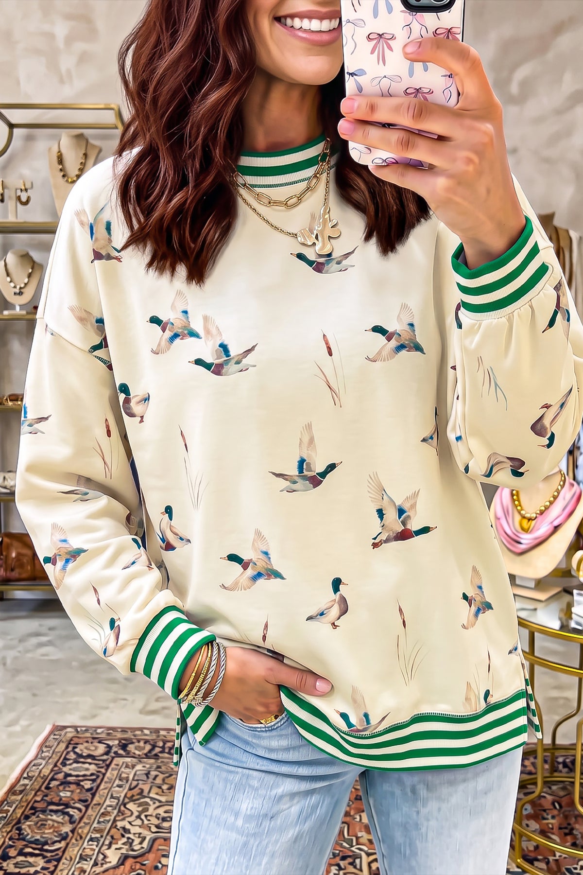 Beige Duck Print Striped Trim Cuffs Round Neck Sweatshirt