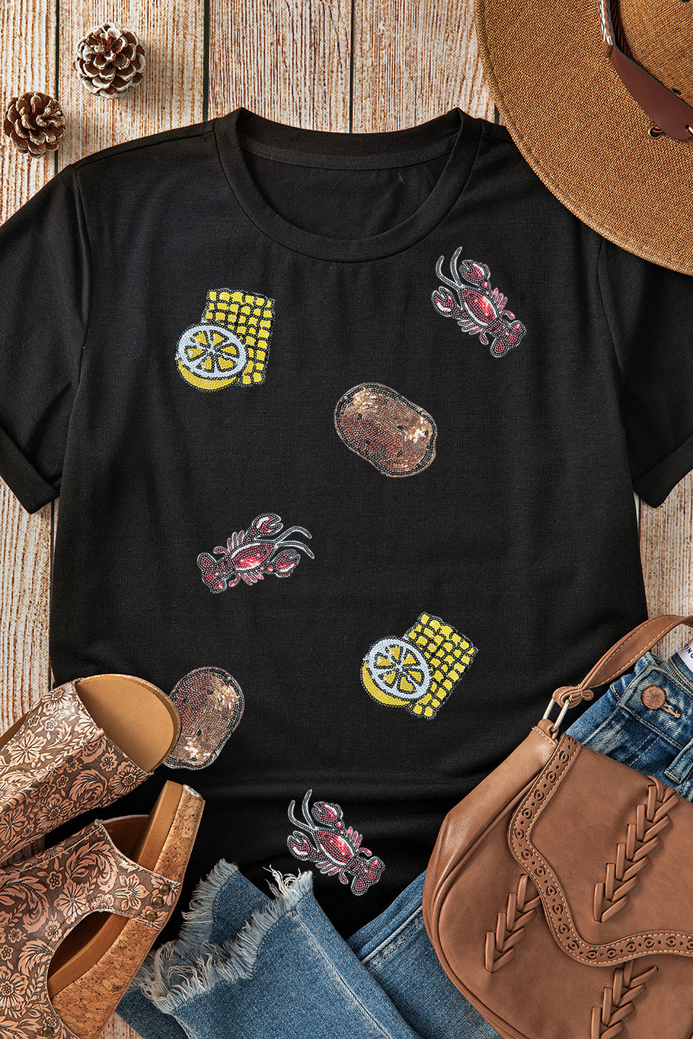 White Sequin Crawfish Potato Lemon Corn Graphic Crewneck T-Shirt