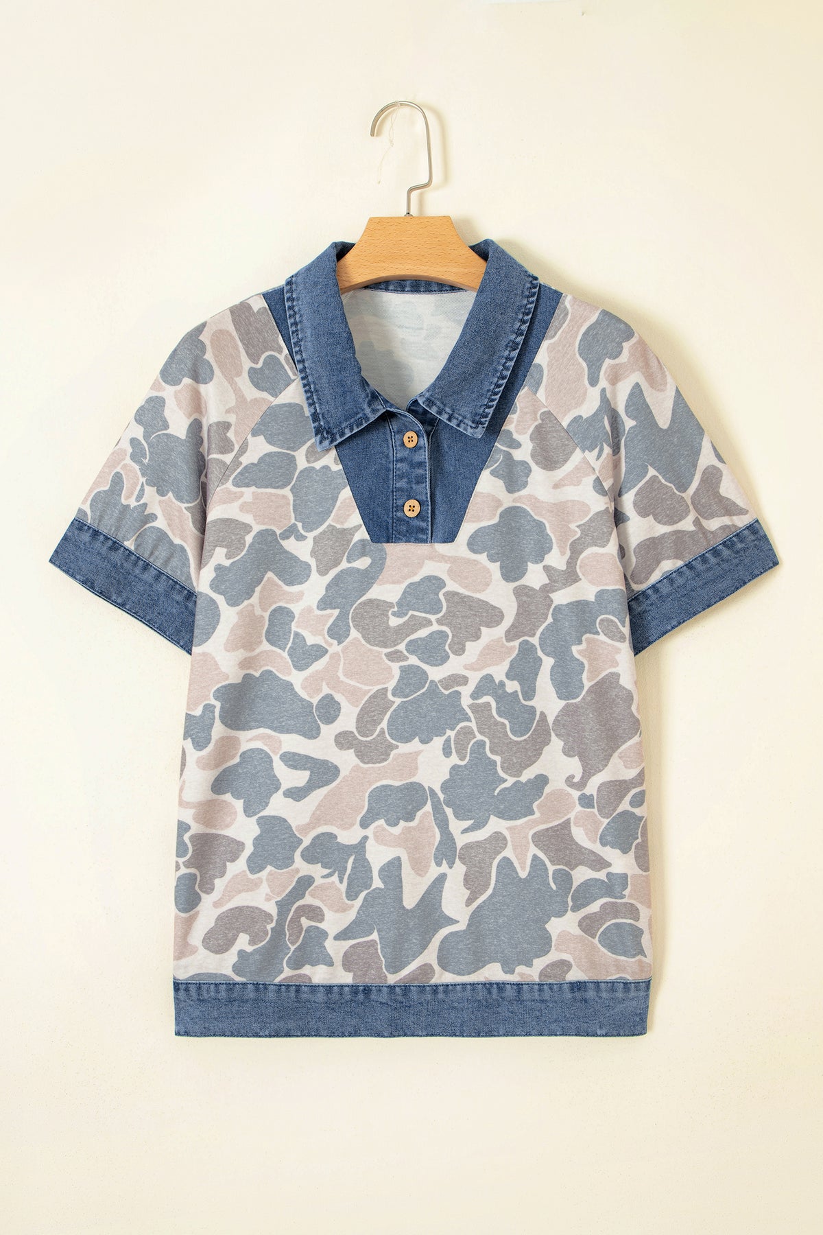 Multicolour Camouflage Print Denim Polo Collar Tee