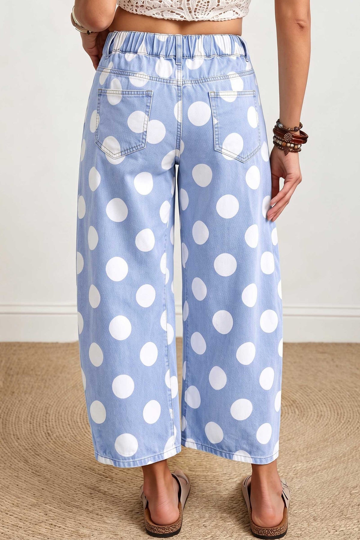 White Polka Dot Ankle Length Barrel Jeans