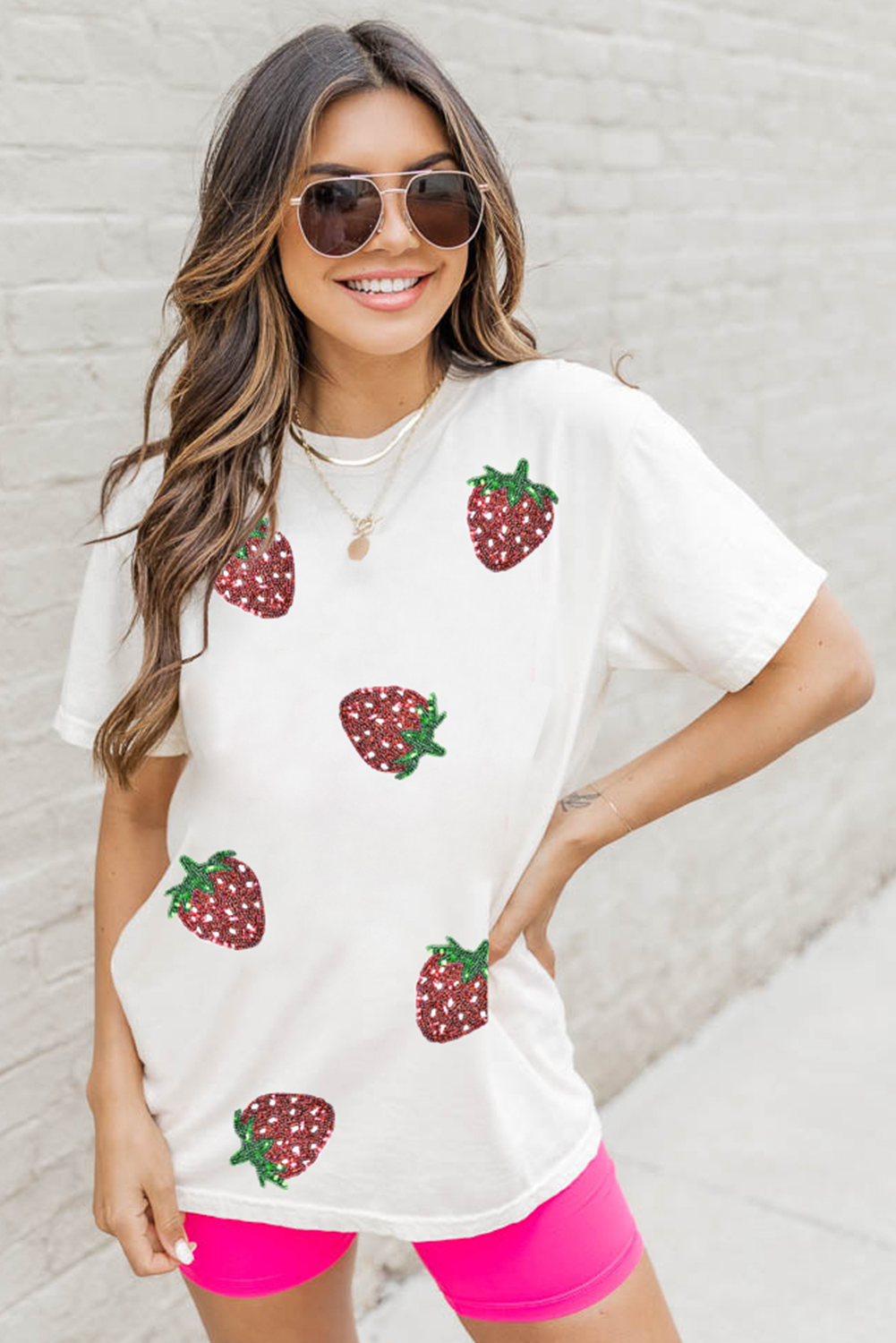 White Sequin Strawberry Patched Crew Neck T-Shirt