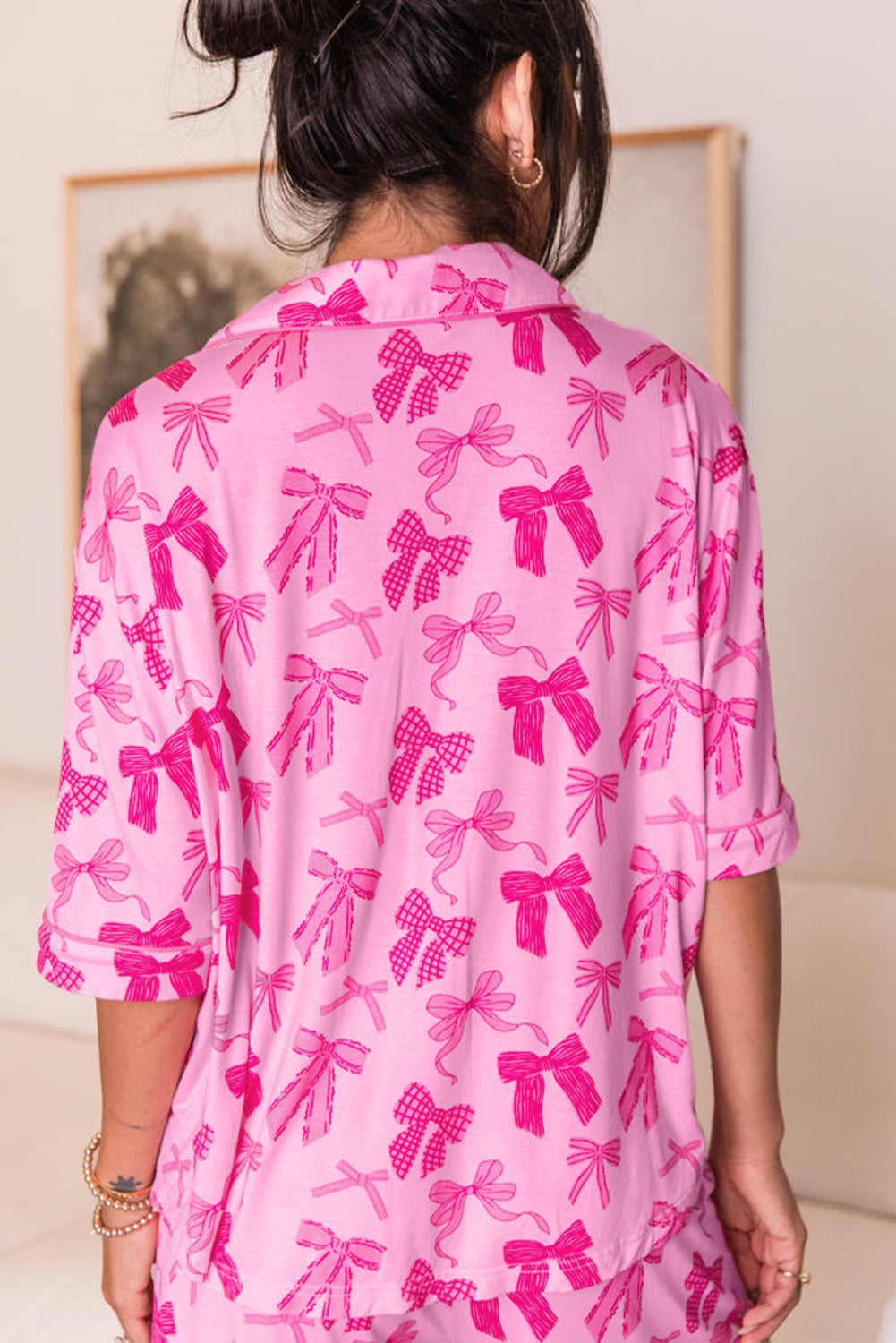 Pink Bow Print Half Sleeve Shirt and Shorts Pajama Set