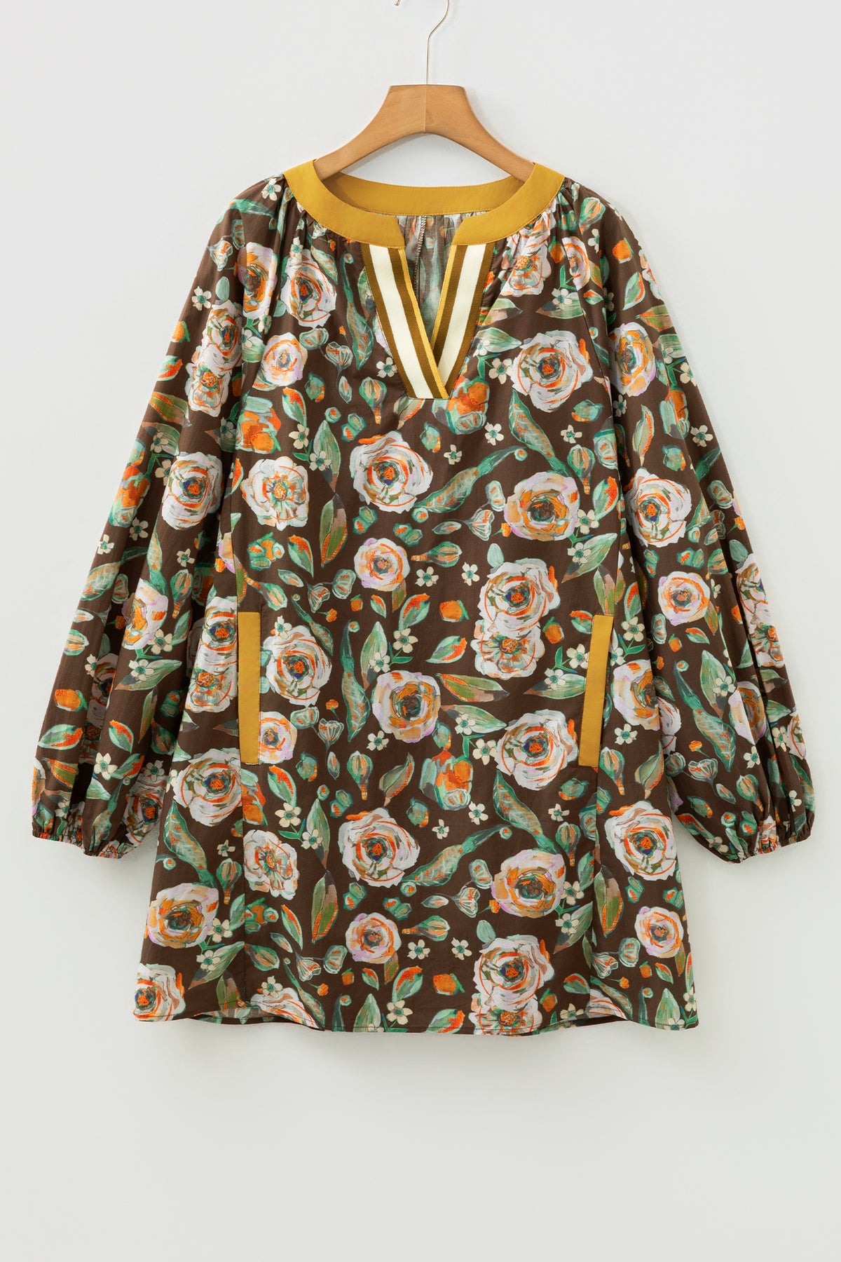 Brown Floral Print V Neck Pocketed Long Sleeve Mini Dress