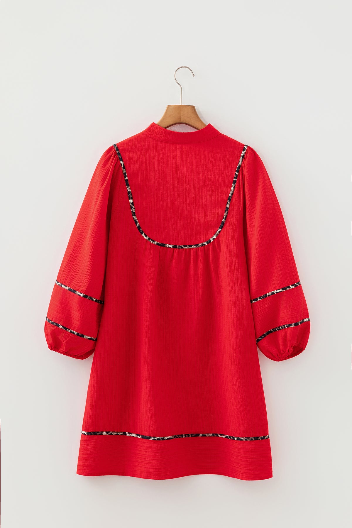 Fiery Red Textured V Neck Leopard Trim Long Sleeve Shift Mini Dress