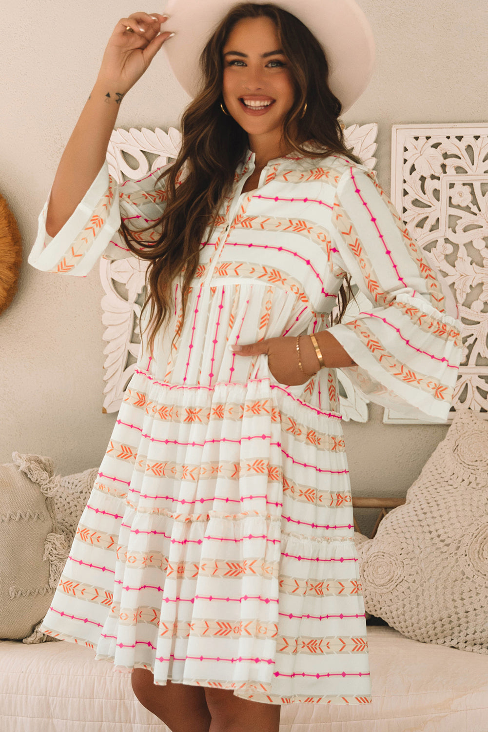 Orange Bohemian Bracelet Sleeve Slit Neck Ruffled Loose Dress