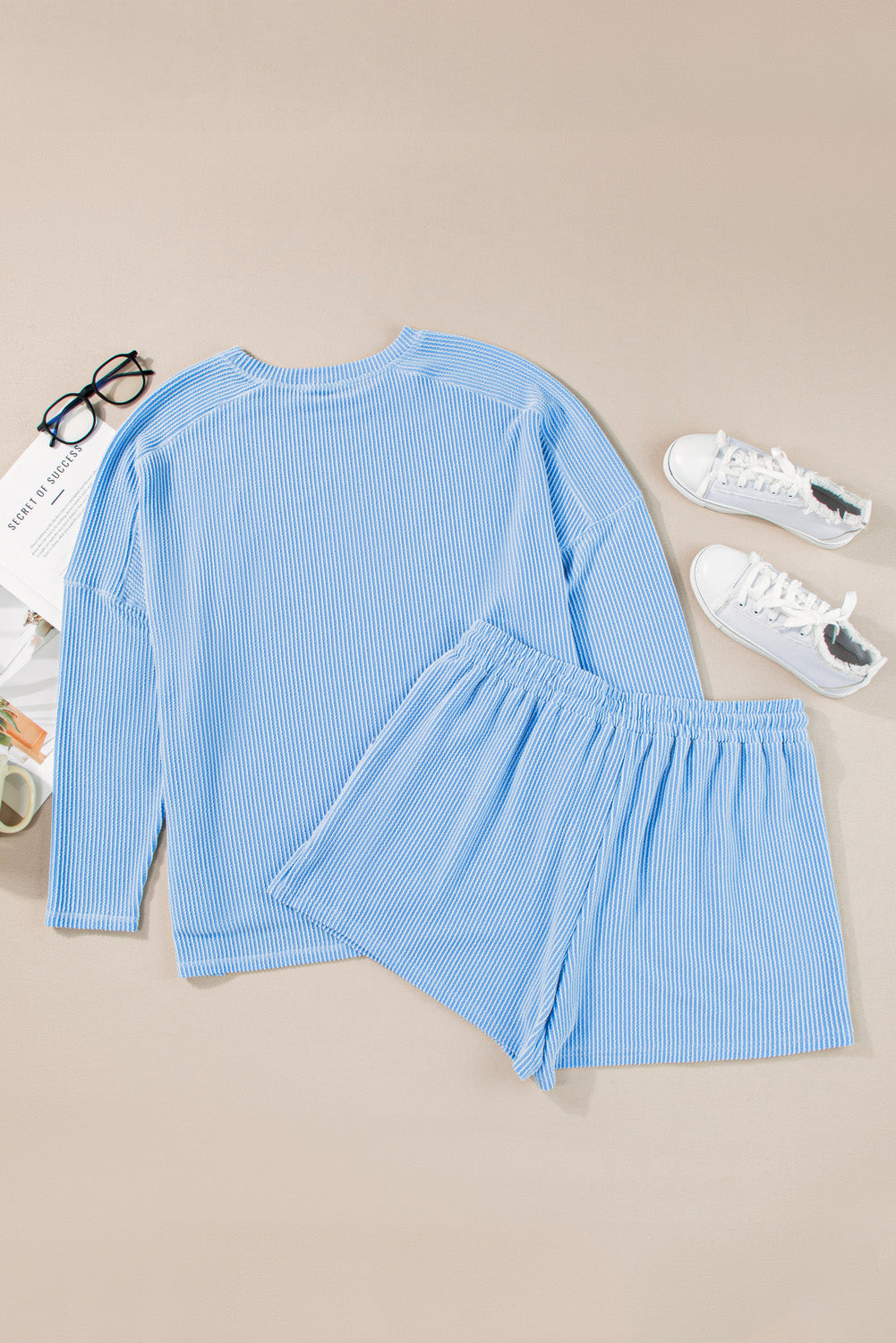 Light Blue Plus Size Ribbed Long-Sleeve Top and Drawstring Shorts Set