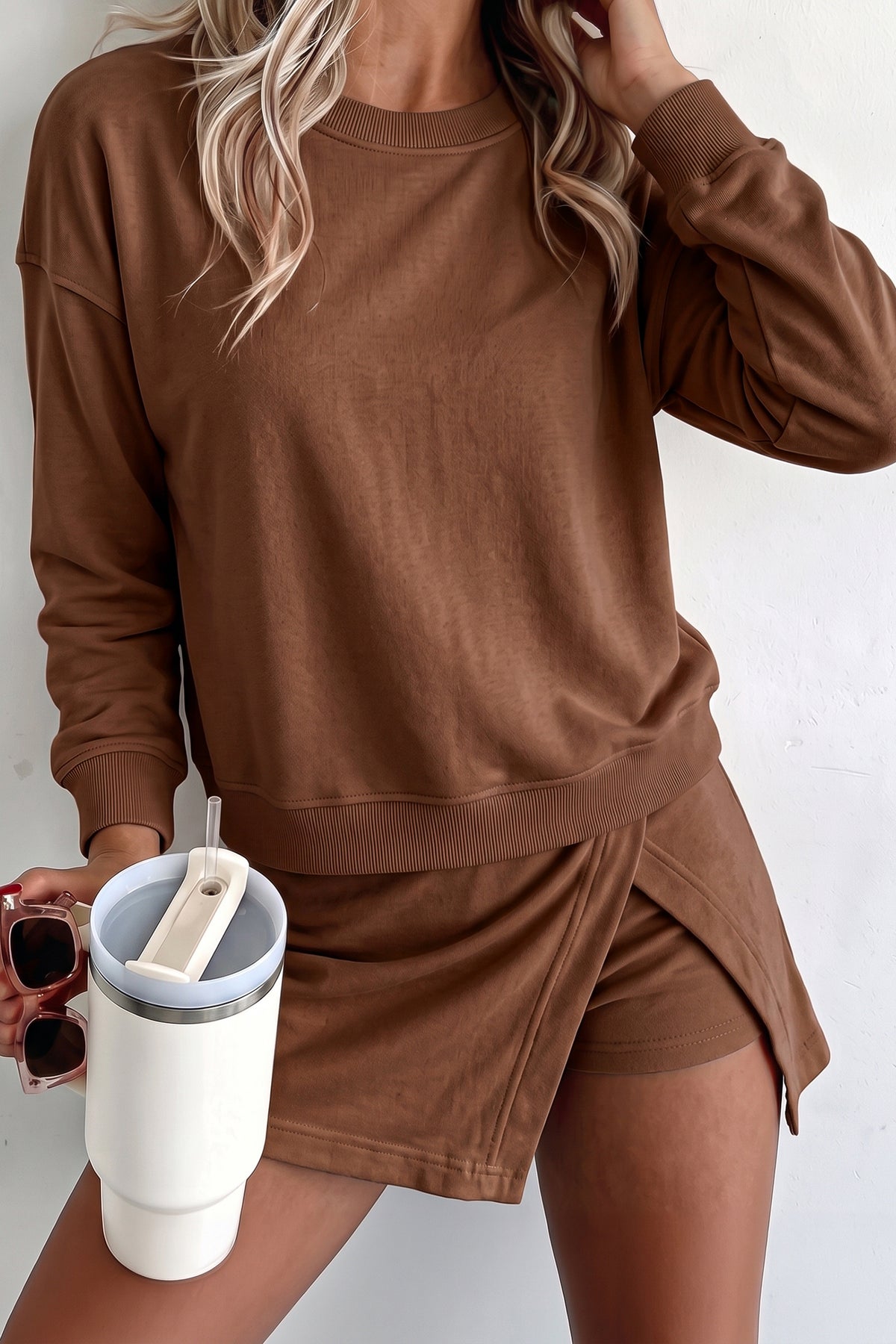 Women's Dirty blue Long-Sleeve Top Split Skort Two-Piece Outfit
