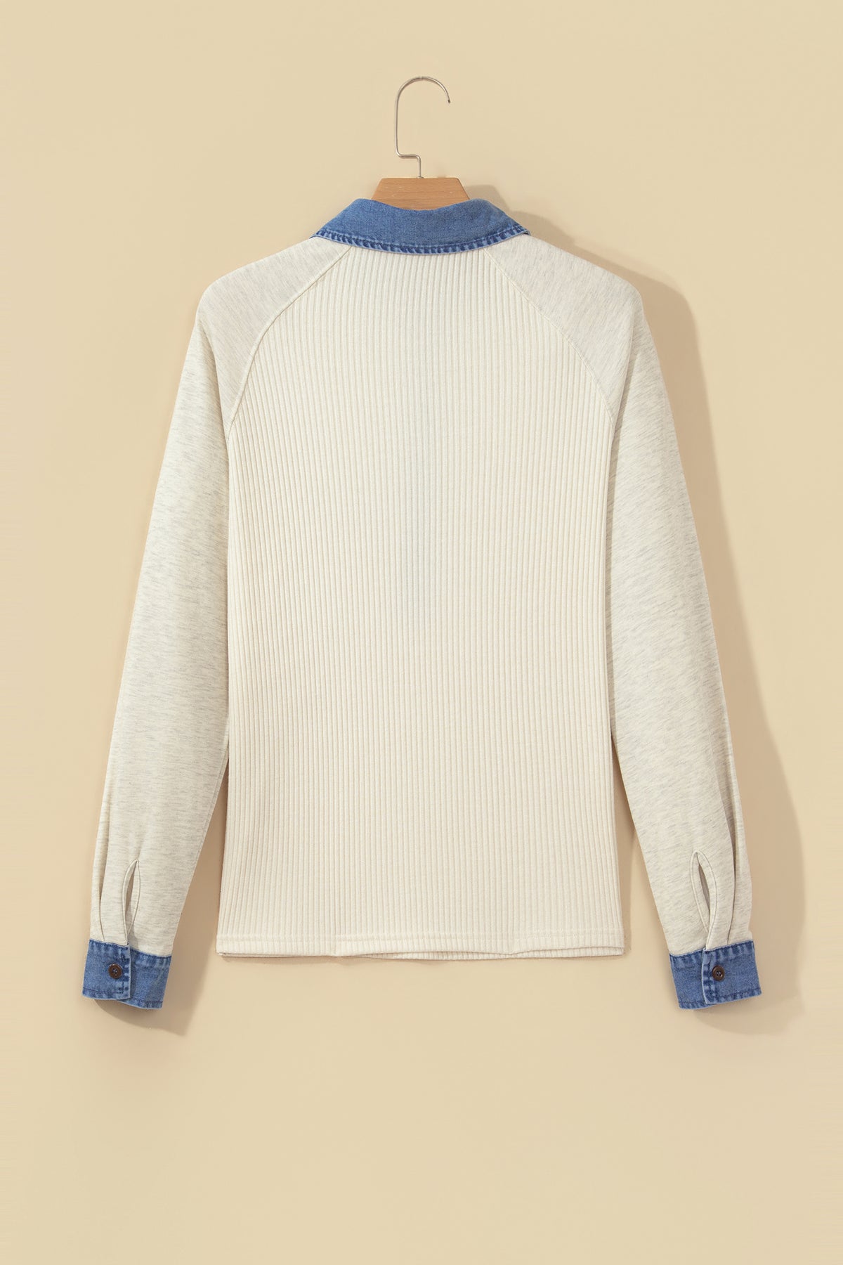 Light Grey Ribbed Denim Colorblock Button Collar Top