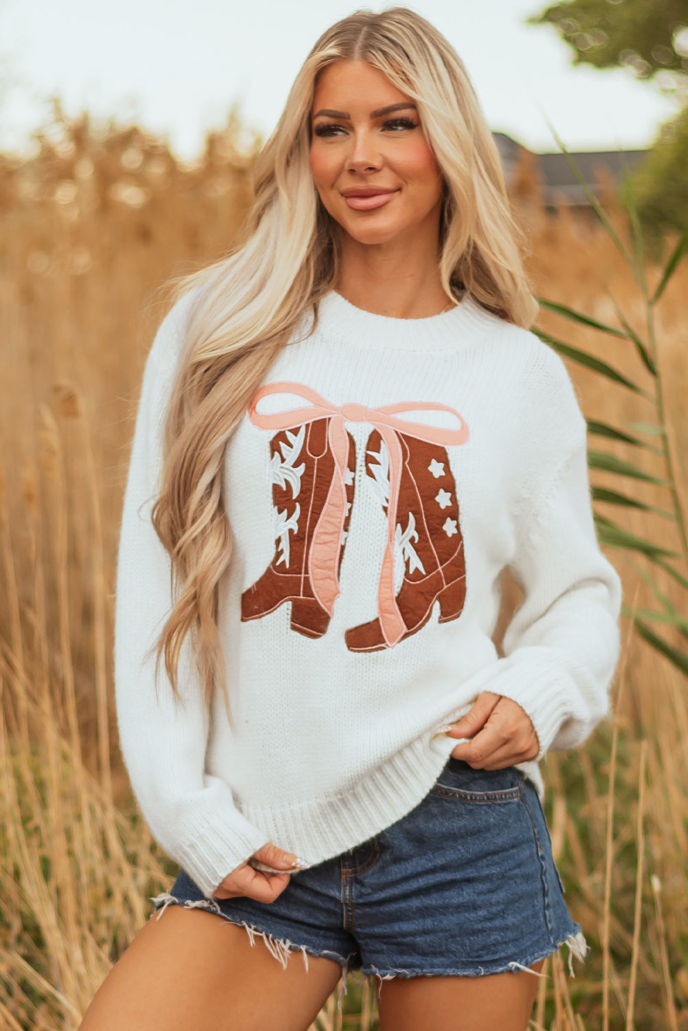 White Embroidered Bow Boots Graphic Drop Shoulder Sweater