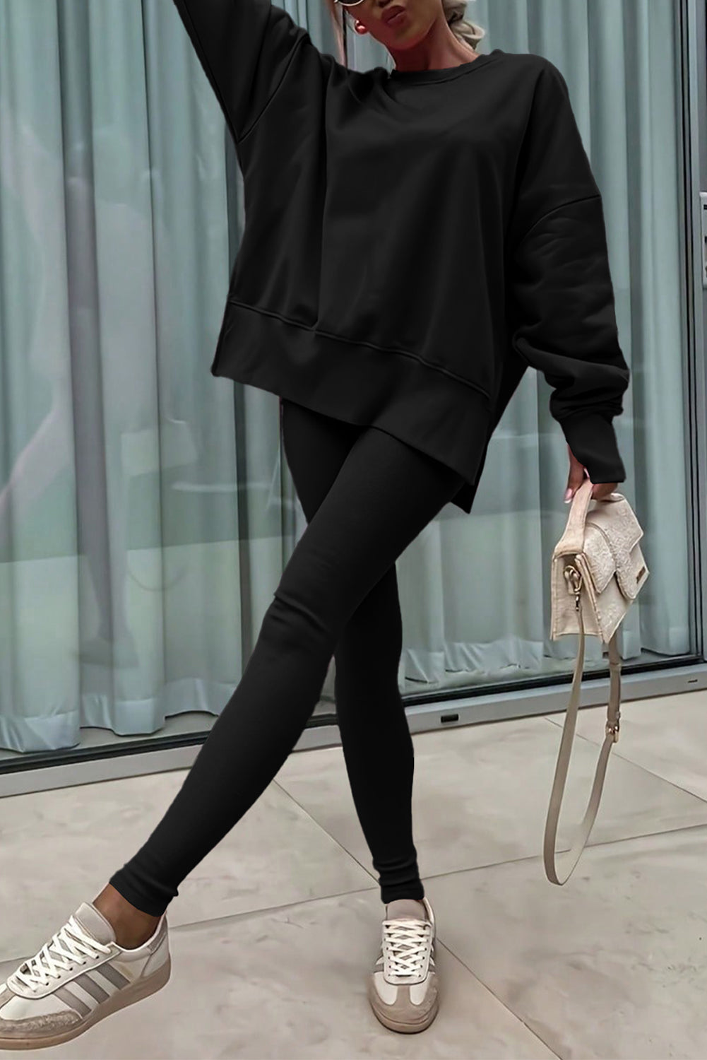 Green Bay Solid Color Oversize Slit Sweatshirt Ribbed Leggings 2pcs Set