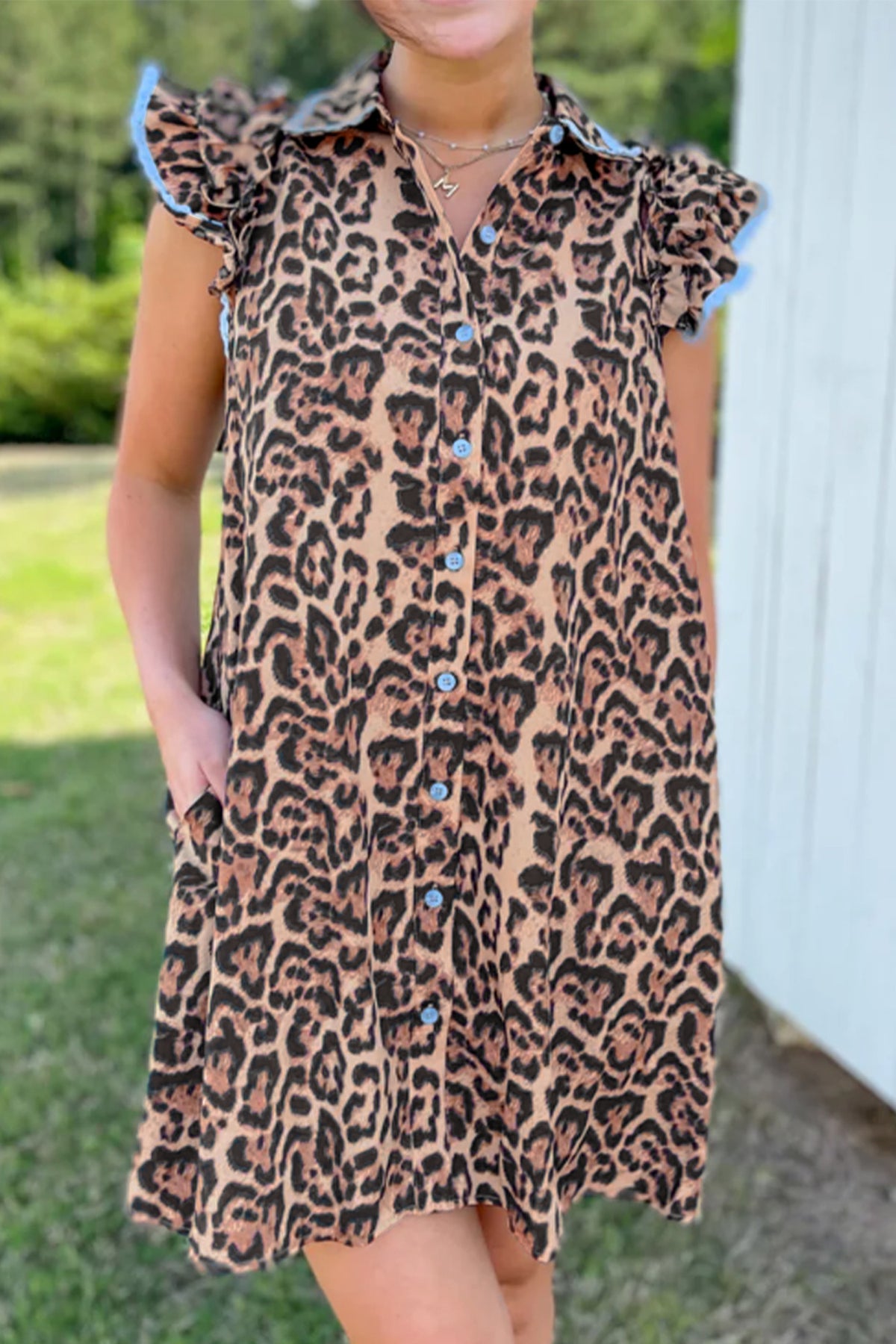 Khaki Leopard Print Lace Trim Shirt Collar Button Down Mini Dress