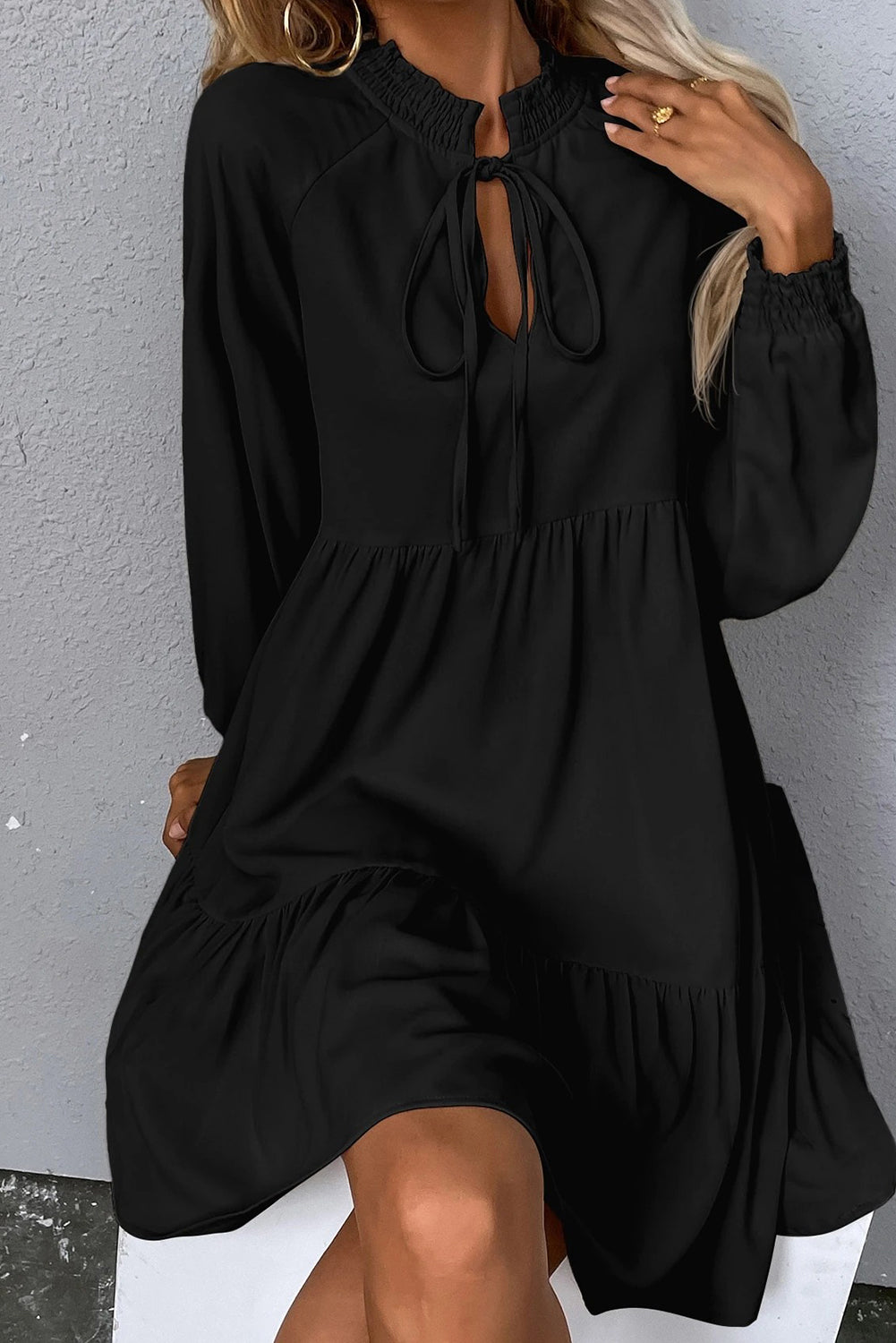 Black Tie Split Neck Smocked Detail Long Puff Sleeve Ruffle Hem Dress