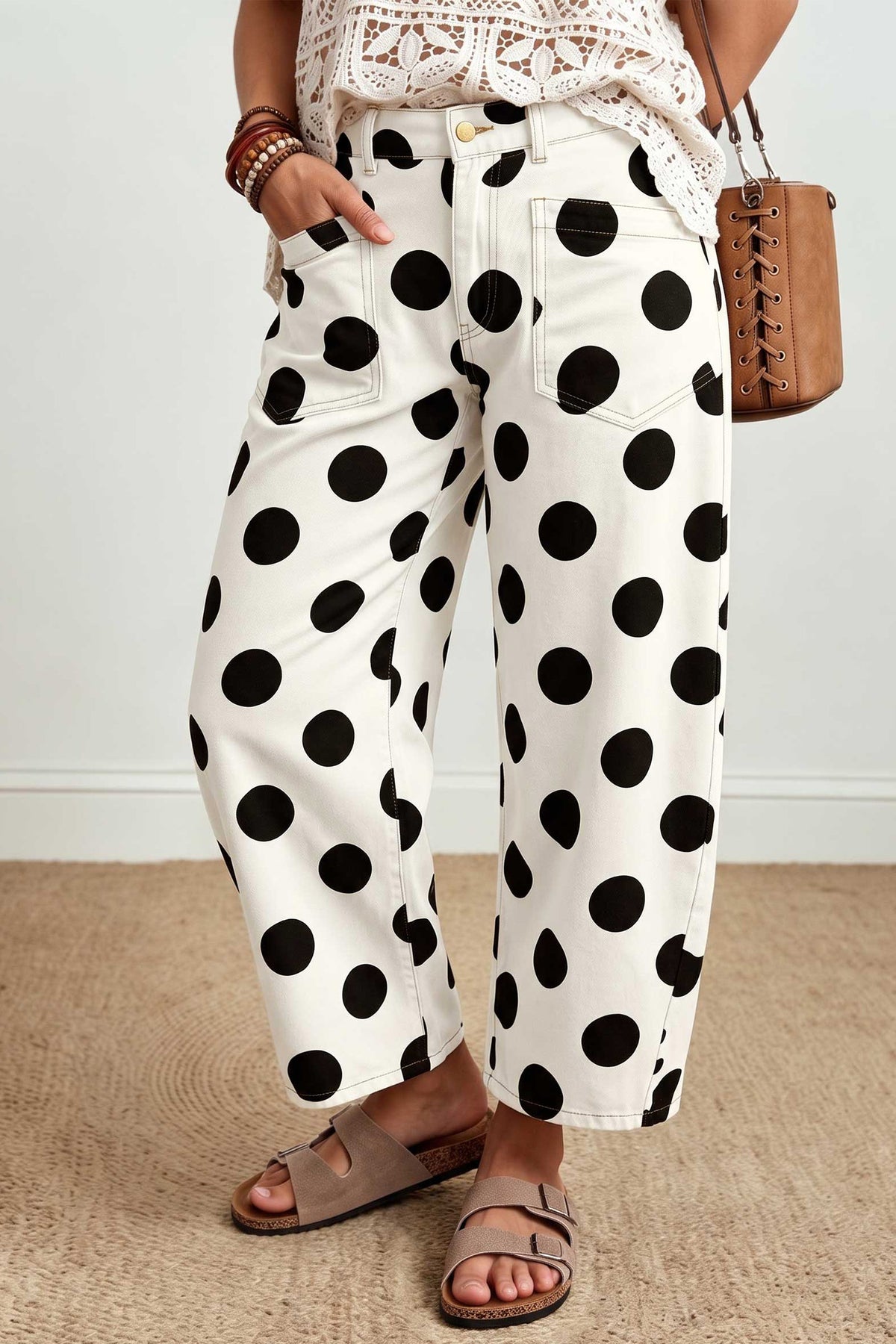 White Polka Dot Ankle Length Barrel Jeans