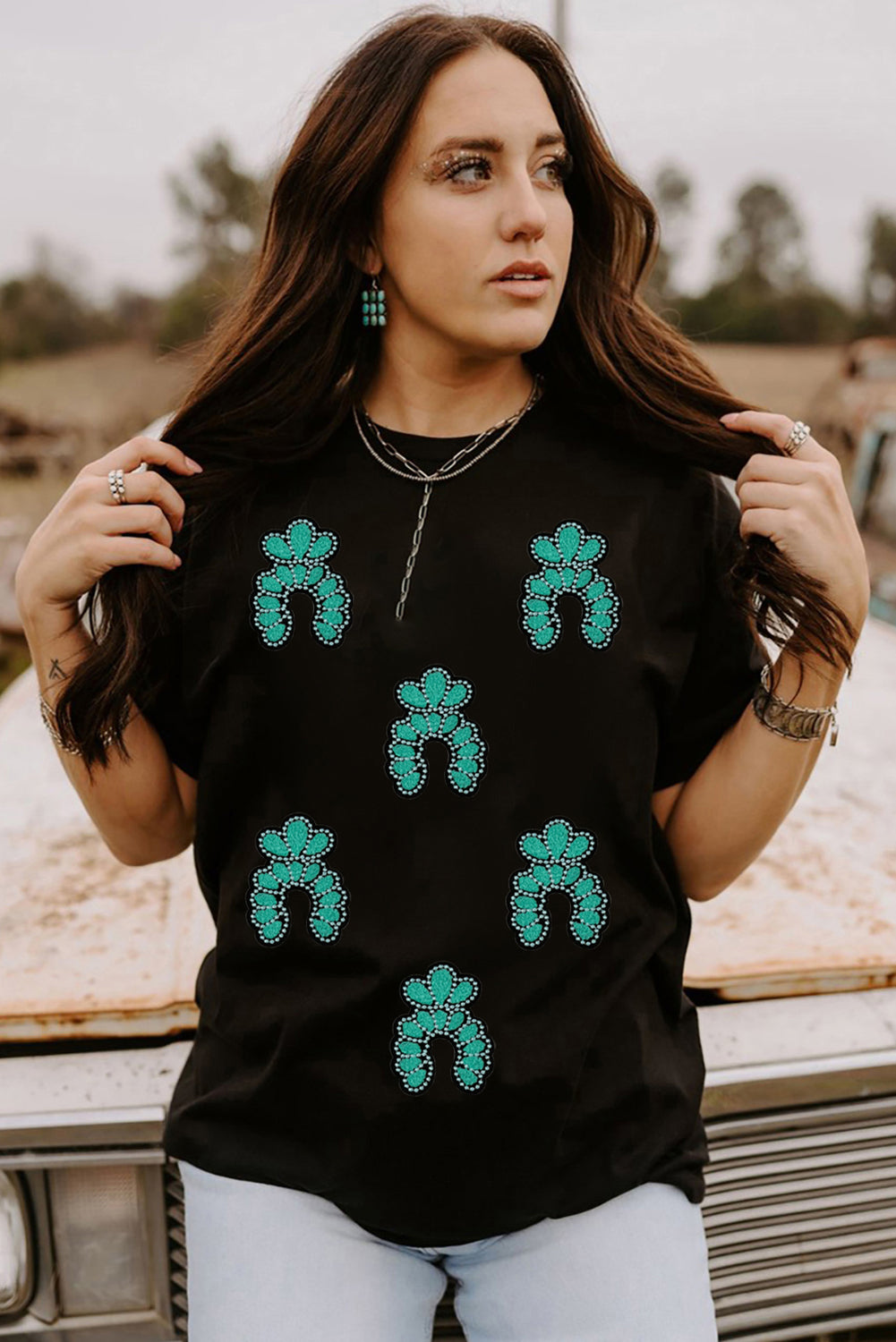Black Western Turquoise Pattern Sequin Patched T-Shirt