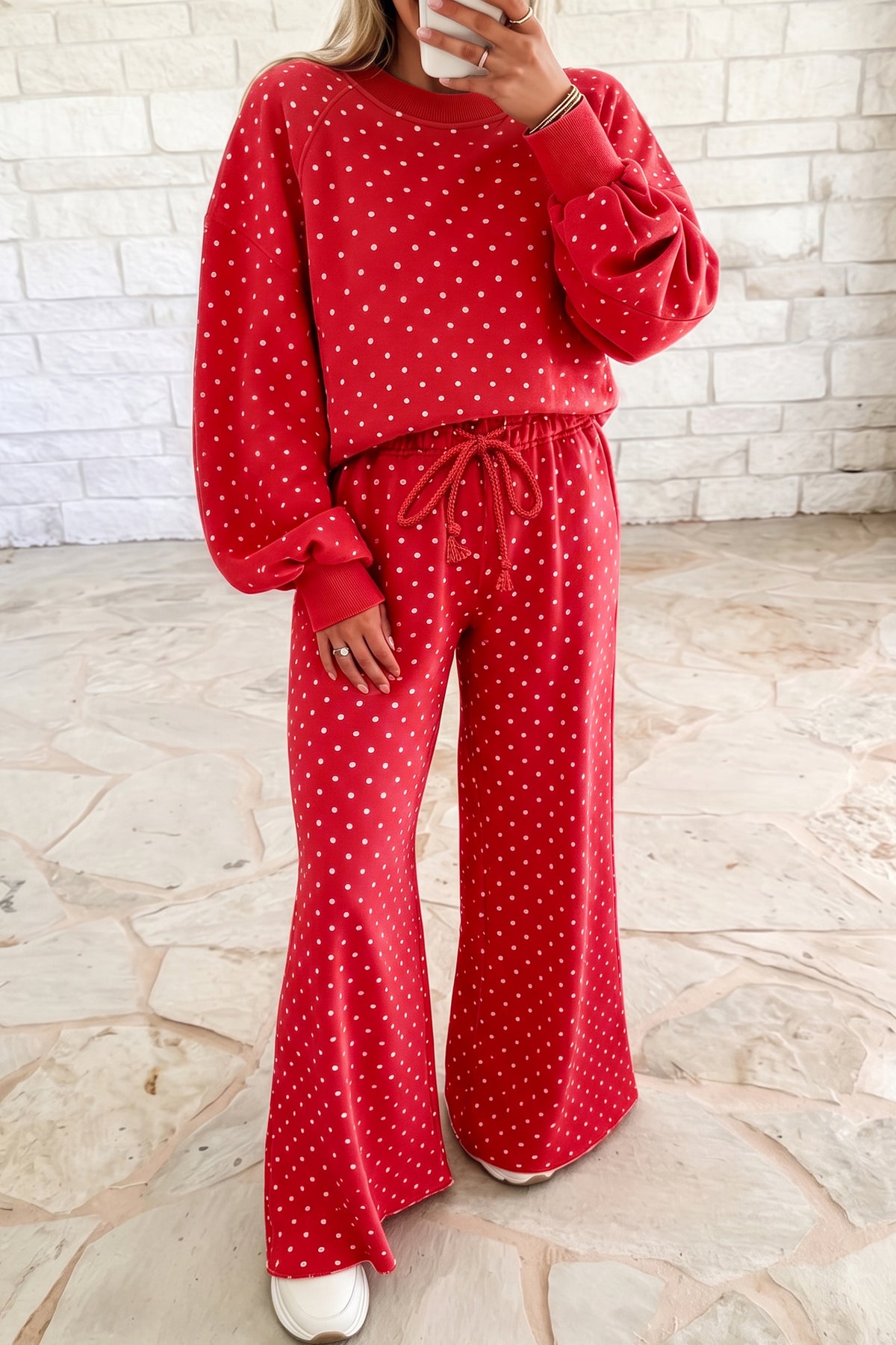 Women's Red Polka Dot Drawstring Wide-Leg Long-Sleeve Top Pants Set