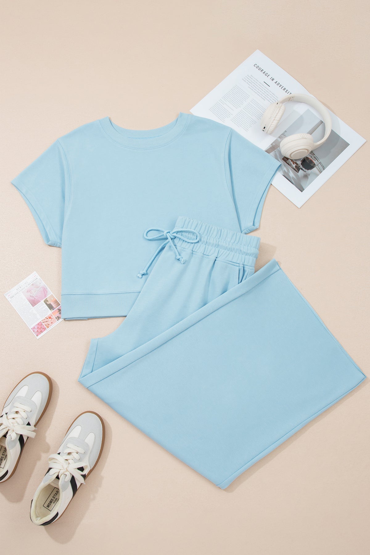 Mist Blue Solid Color Ribbed Trim Short-Sleeve Top Drawstring Loose Pants 2pcs Outfit