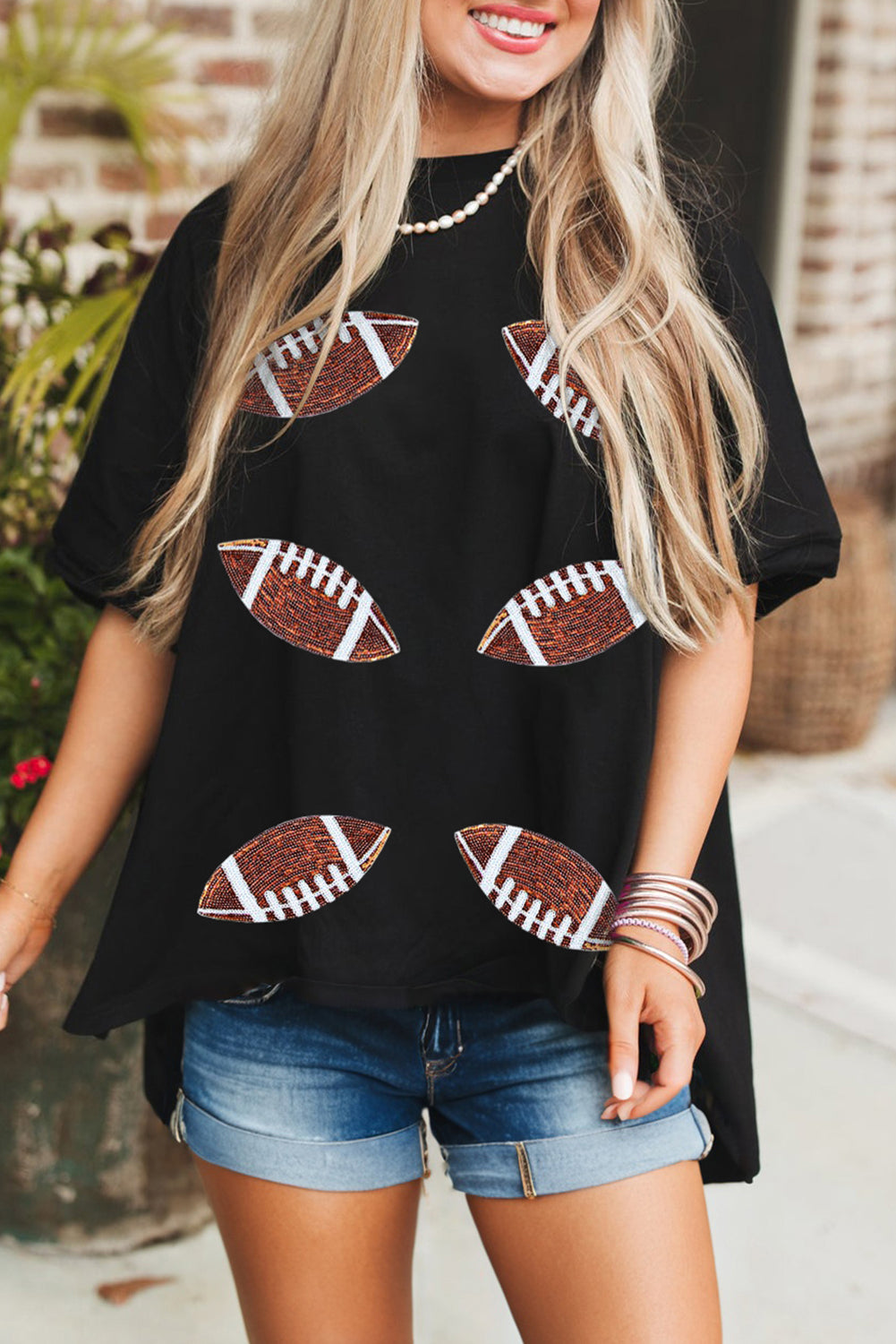 Black Sequin Rugby Football Patched Crewneck Loose T-Shirt