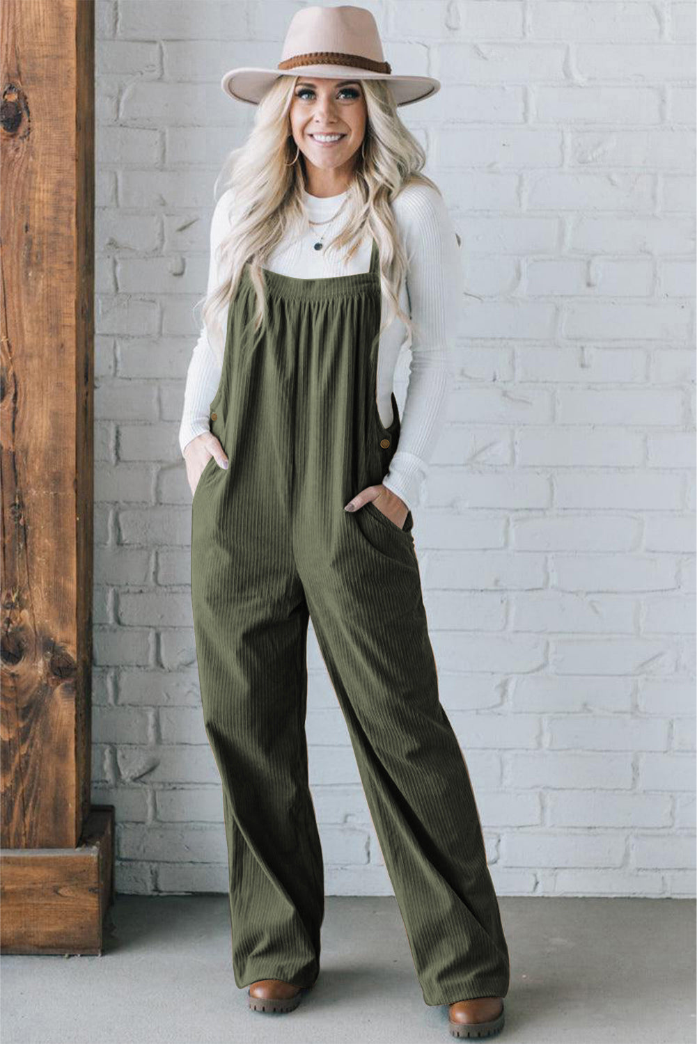 Real Teal Button Adjustable Straps Solid Corduroy Jumpsuit