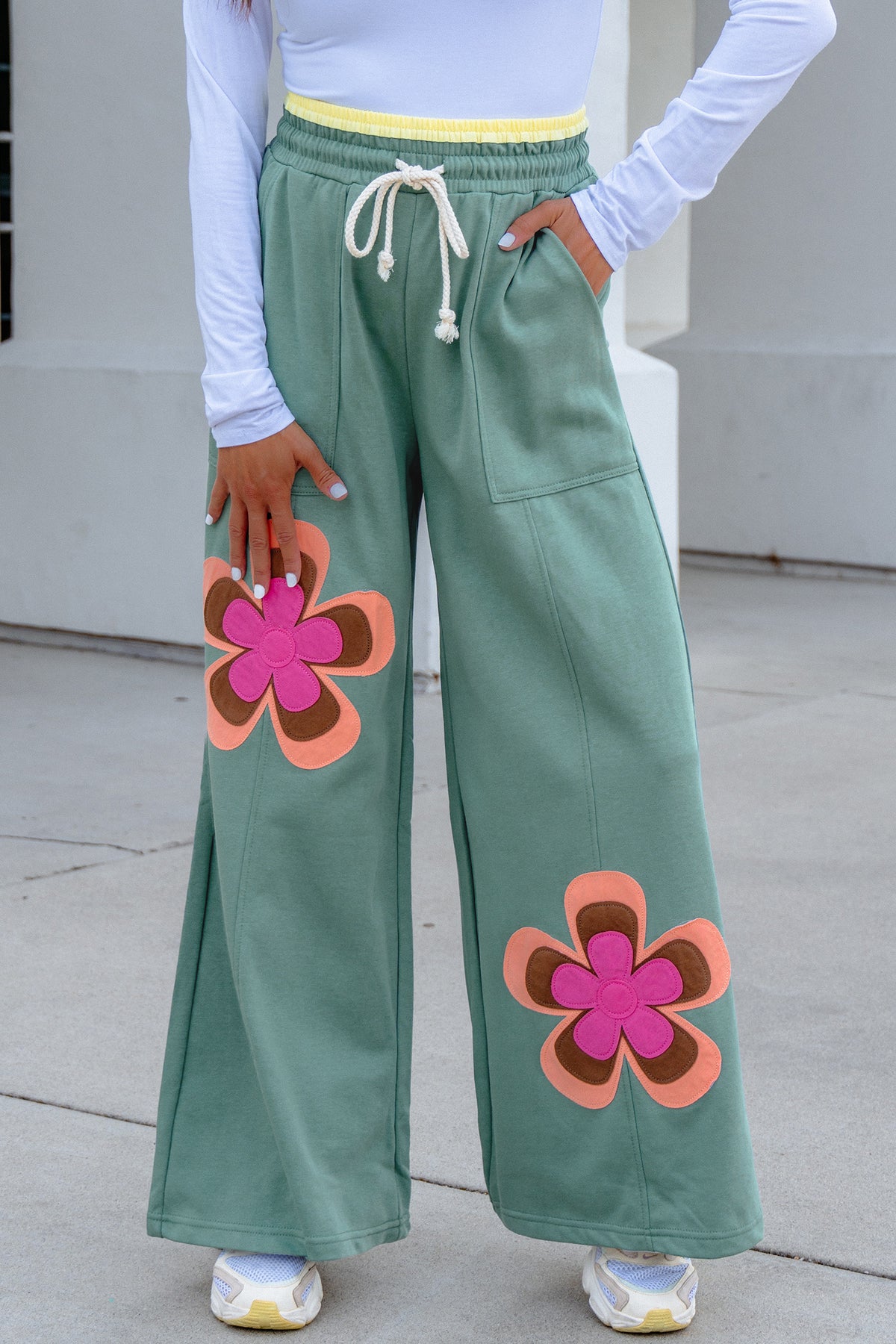 Grapefruit Orange Color Block Flower Patchwork Drawstring Pants