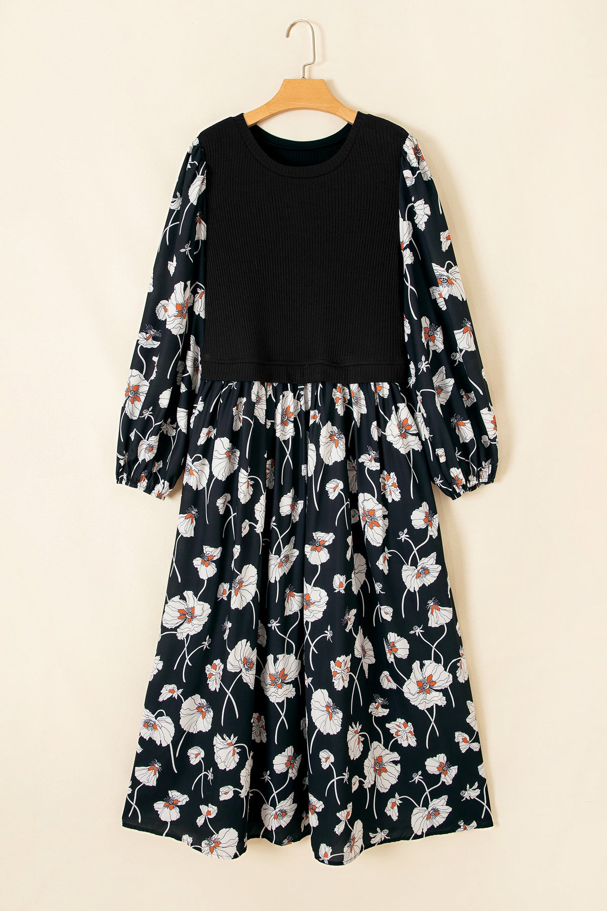 Black Floral Print Long-Sleeve Round-Neck Shift Plus Size Dress