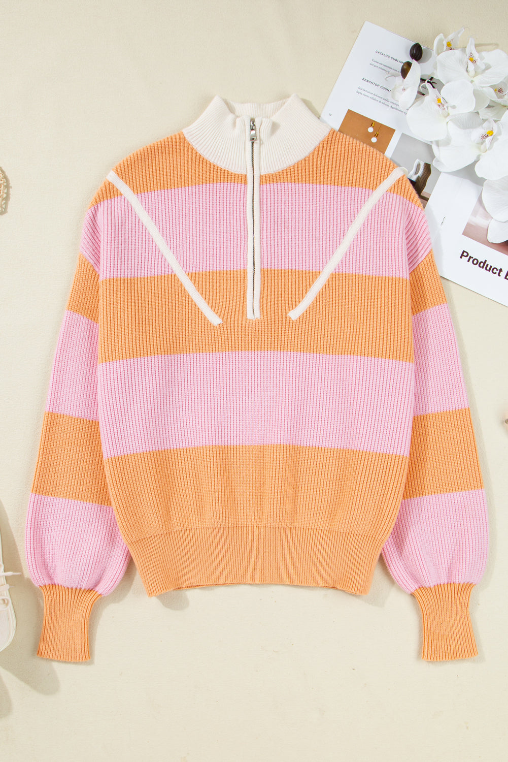 Orange Stripe Colorblock Half Zip Oversize Sweater