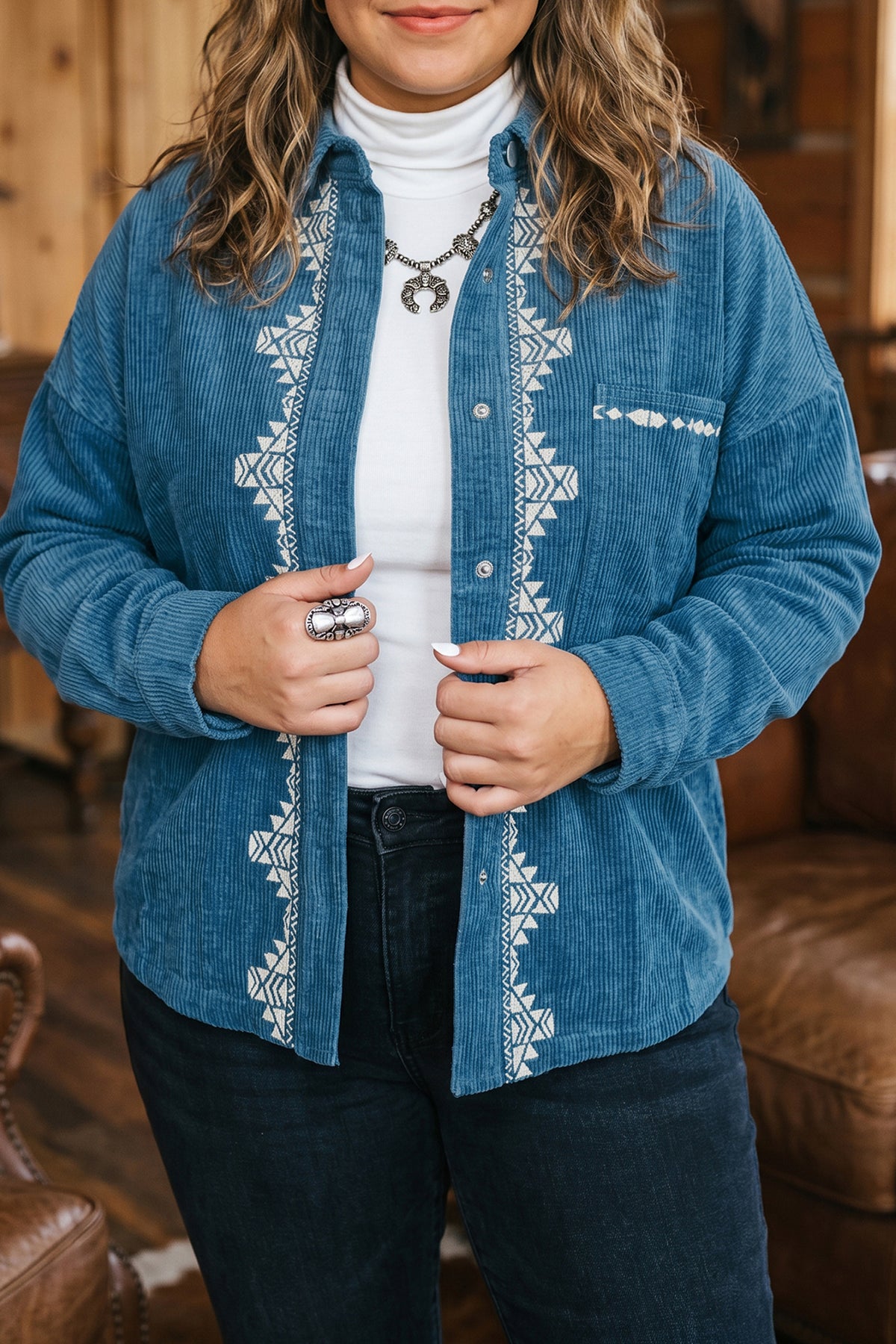 Blue Embroidered Corduroy V-Neck Plus Size Shirt