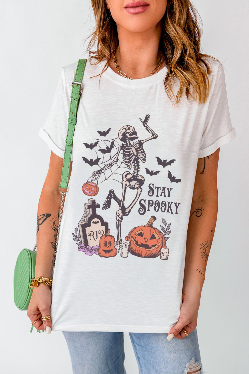 White Skull Pumpkin Face STAY SPOOKY Graphic Halloween T-Shirt