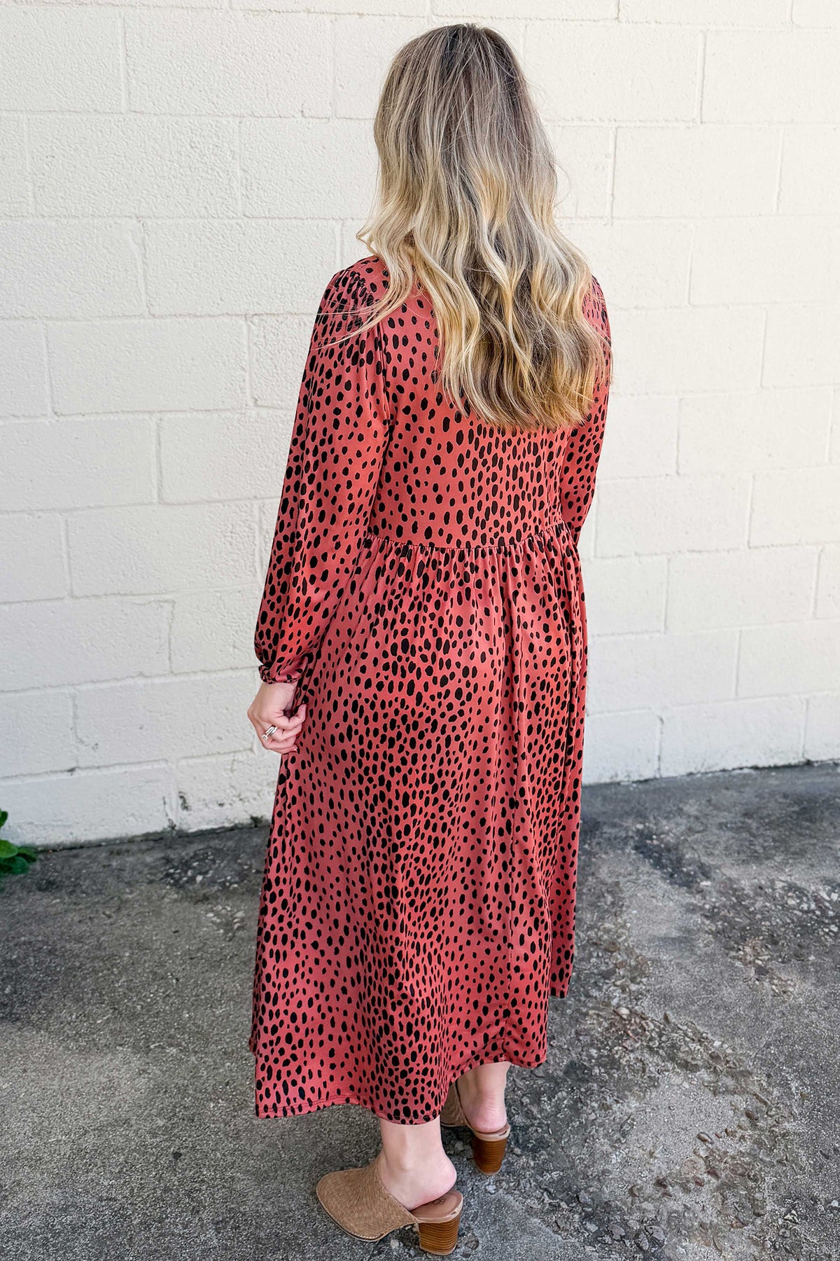 Red Leopard Print Long-Sleeve V-Neck Plus Size Midi Dress