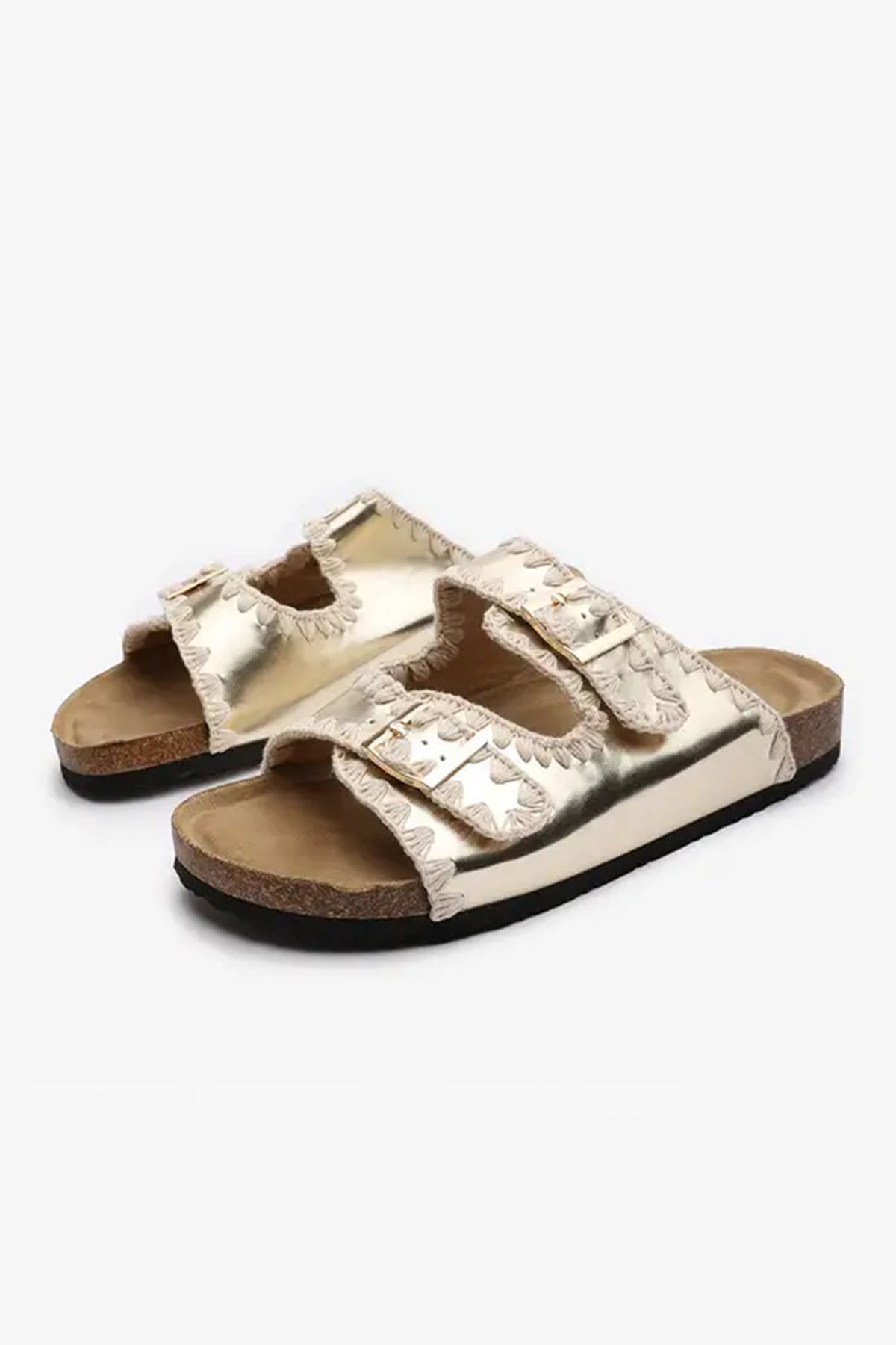 Gold PU Leather Contrast Stitch Flat Slide Sandals
