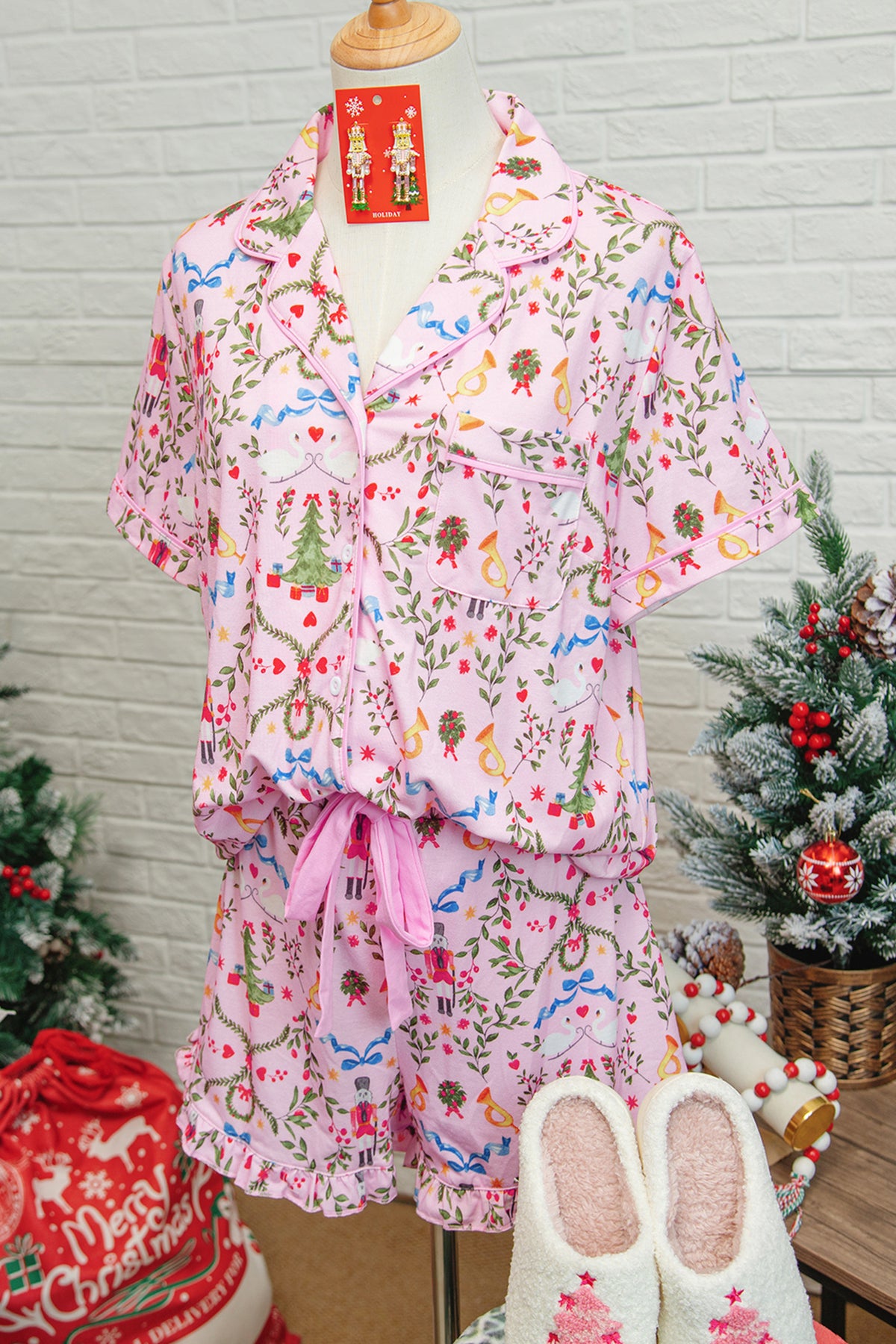 Pink Nutcracker Doll Christmas Print Tie Waist Short Pajama Set