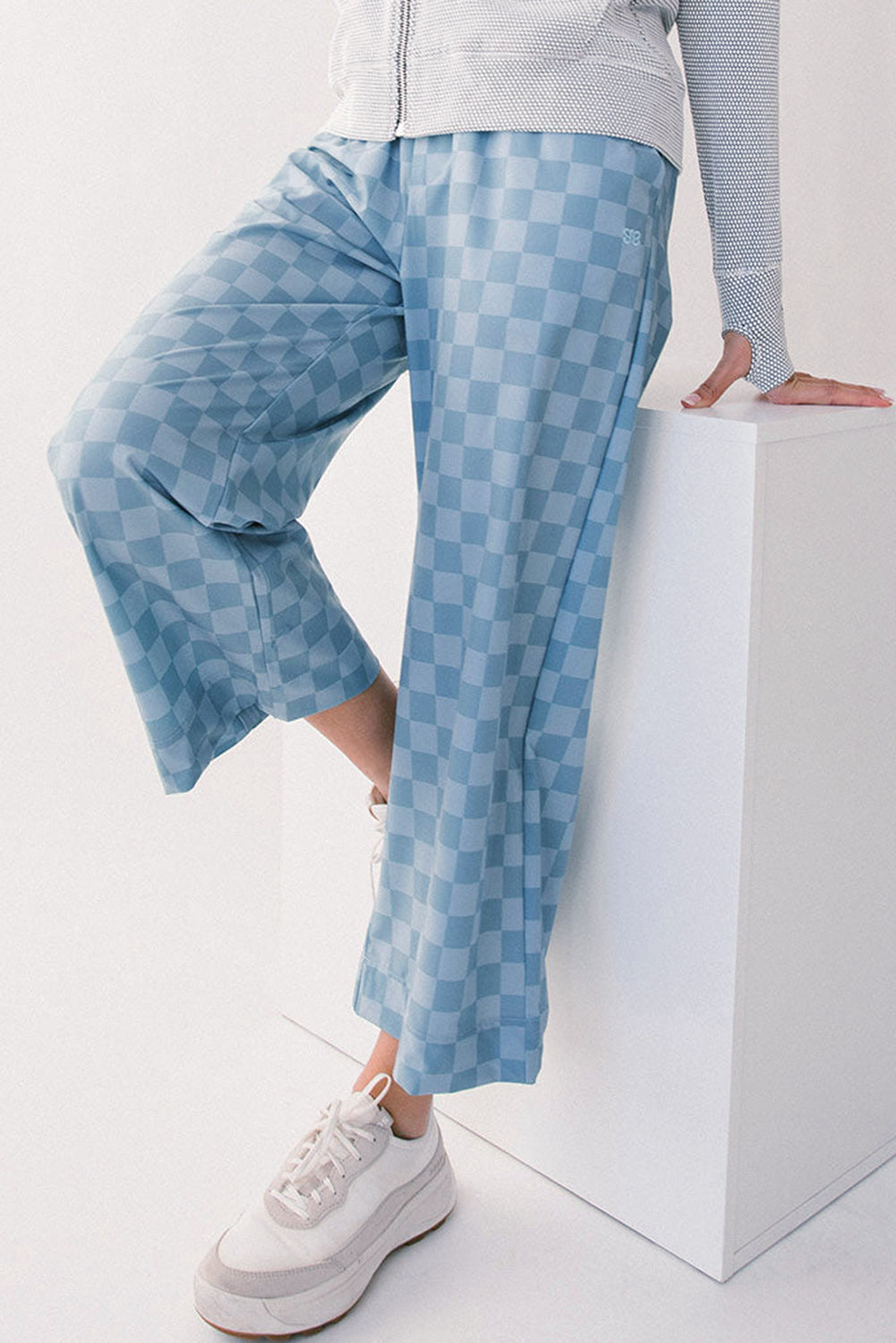 Sky Blue Checkered Elastic High Waist Loose Casual Pants