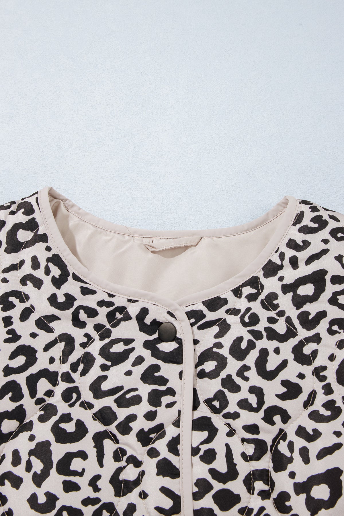 Khaki Leopard Print Patch Pockets Binding Tape Long Sleeve Jacket