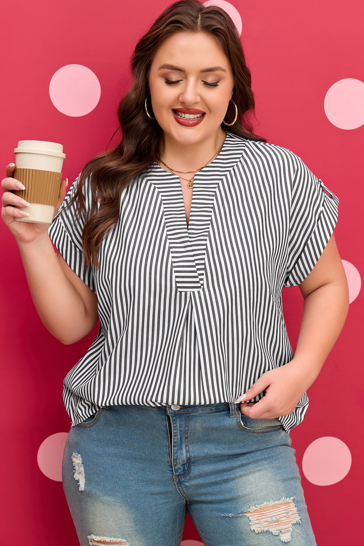 Black Stripe Plus Size V-Neck Roll-tab Short Dolman Sleeve Blouse