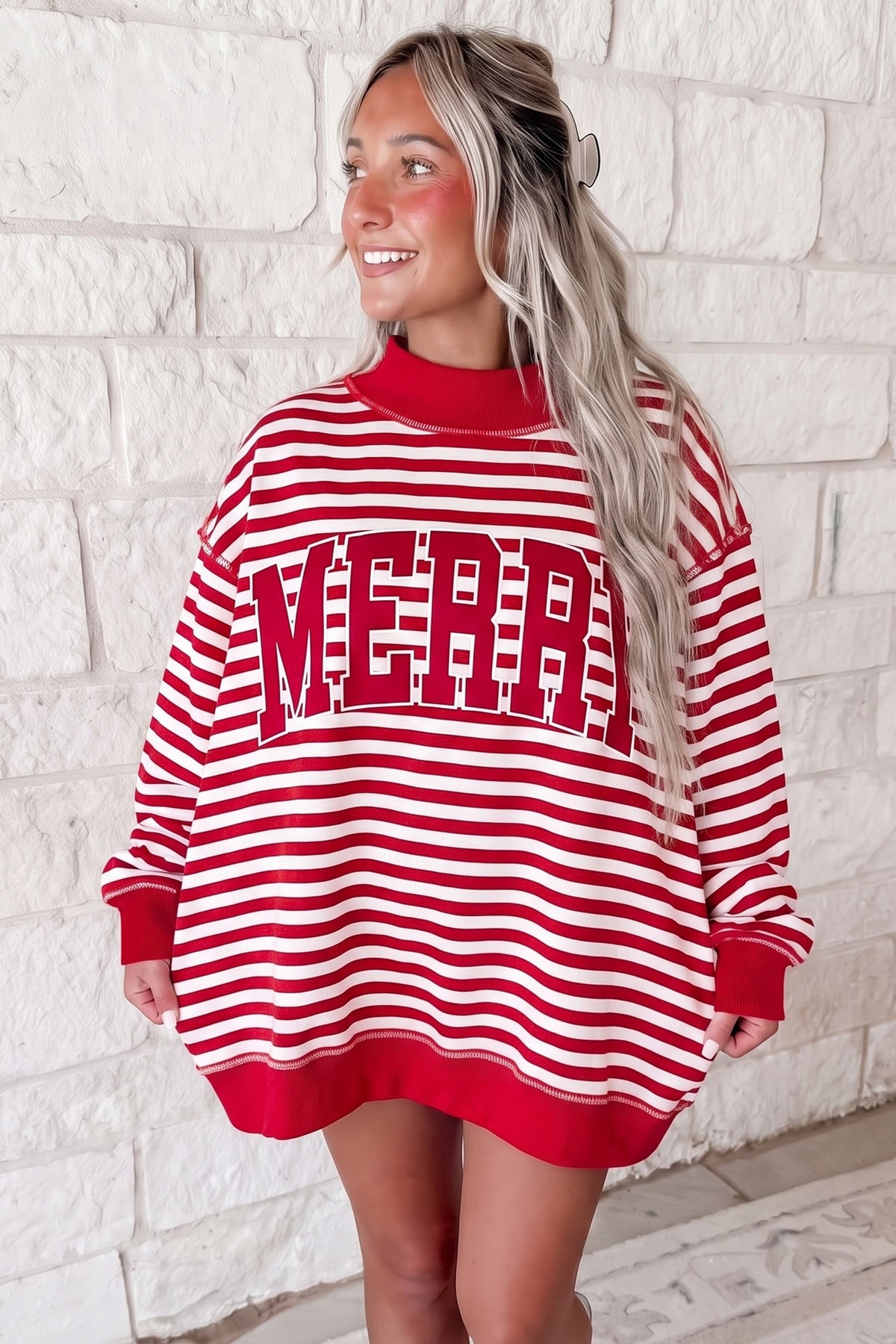 Red Stripe Christmas Slogan Mock Neck Oversized Sweatshirt