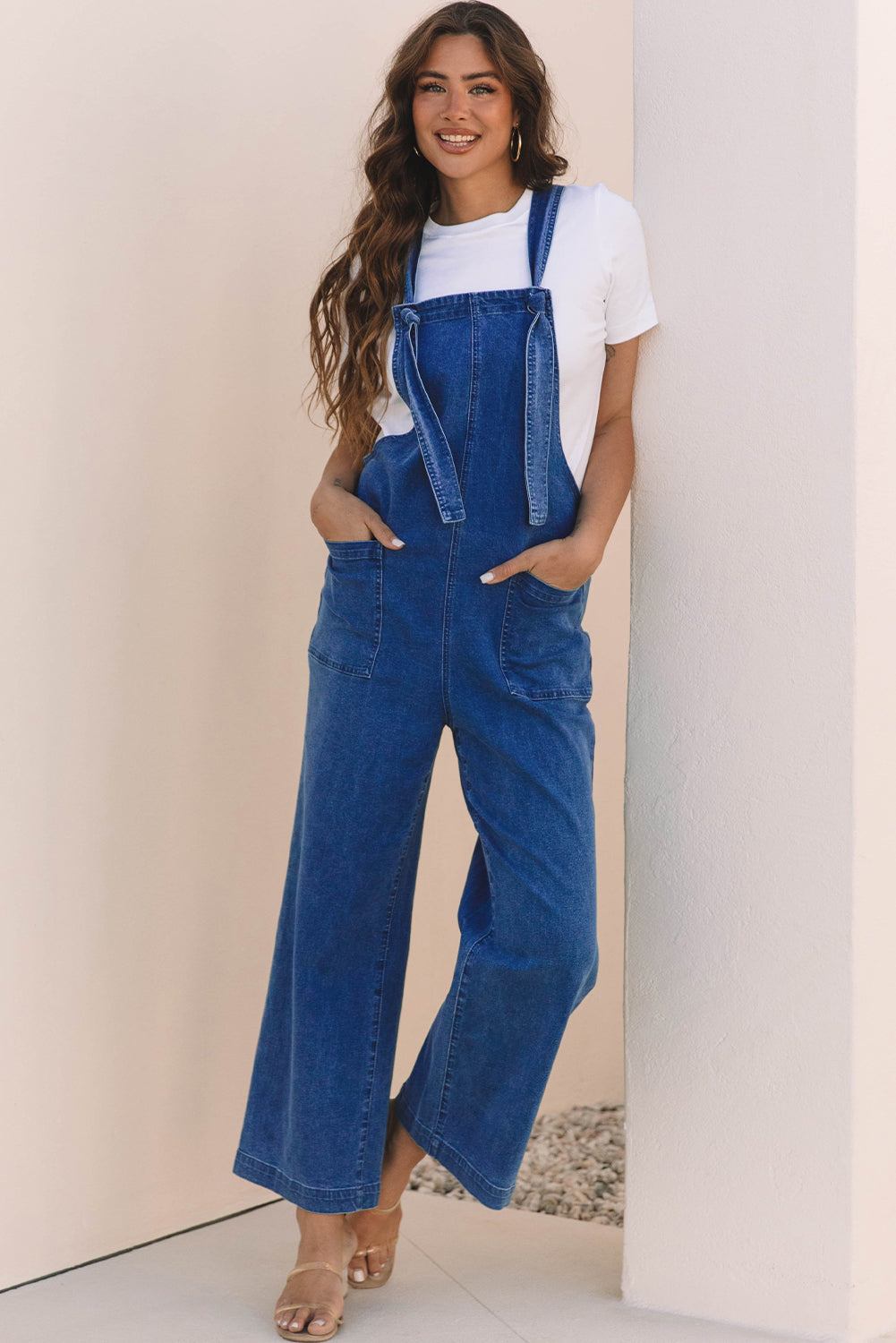 Prussian Blue Mineral Wash Knotted Strap Patched Pocket Wide Jumpsuit