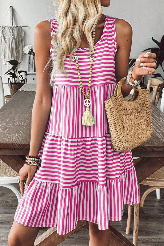 Rose Stripe U Neck Sleeveless Loose Fit Mini Dress