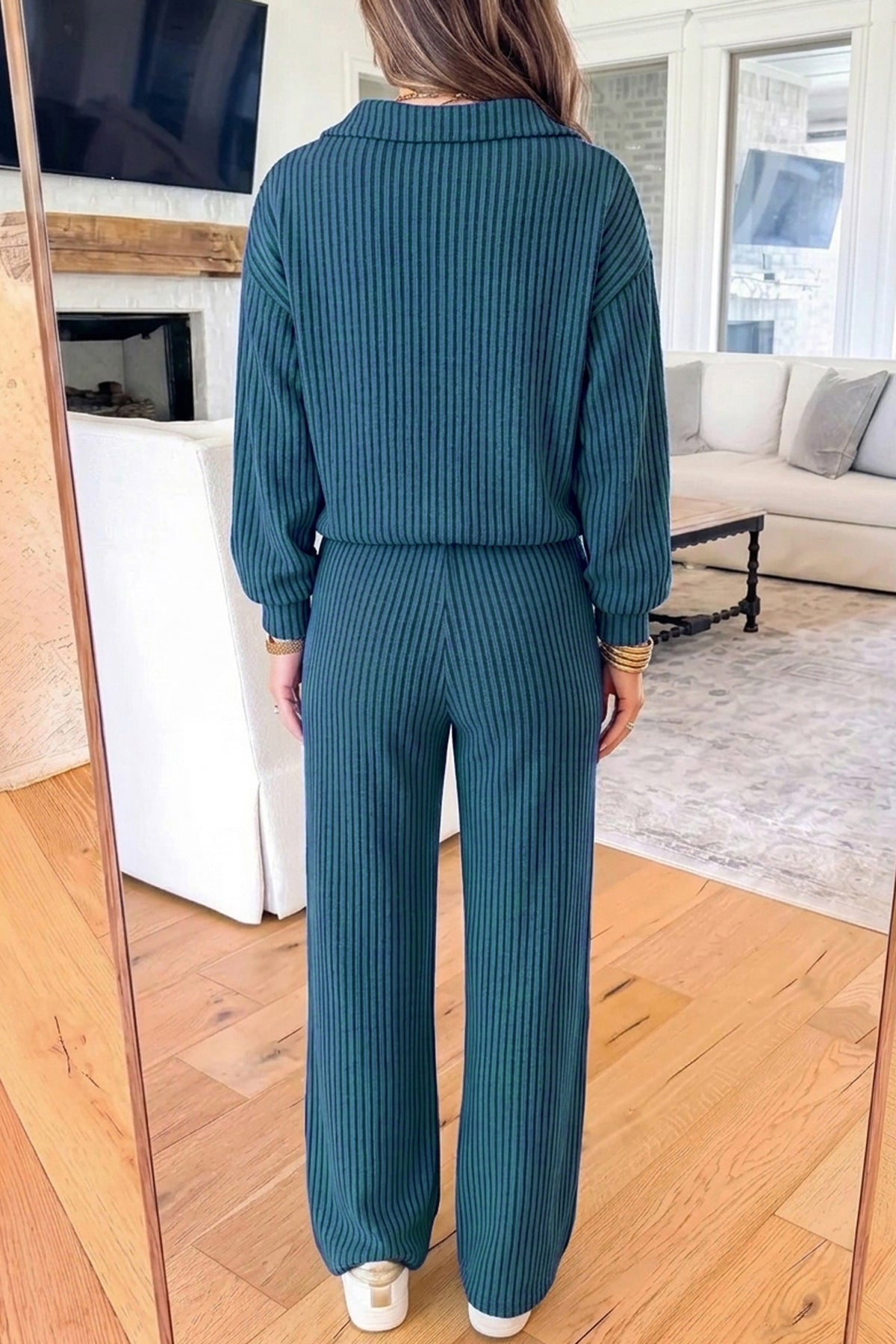 Sky Blue Ribbed Knit Collar V Neck Pullover Drawstring Waist Pants Set
