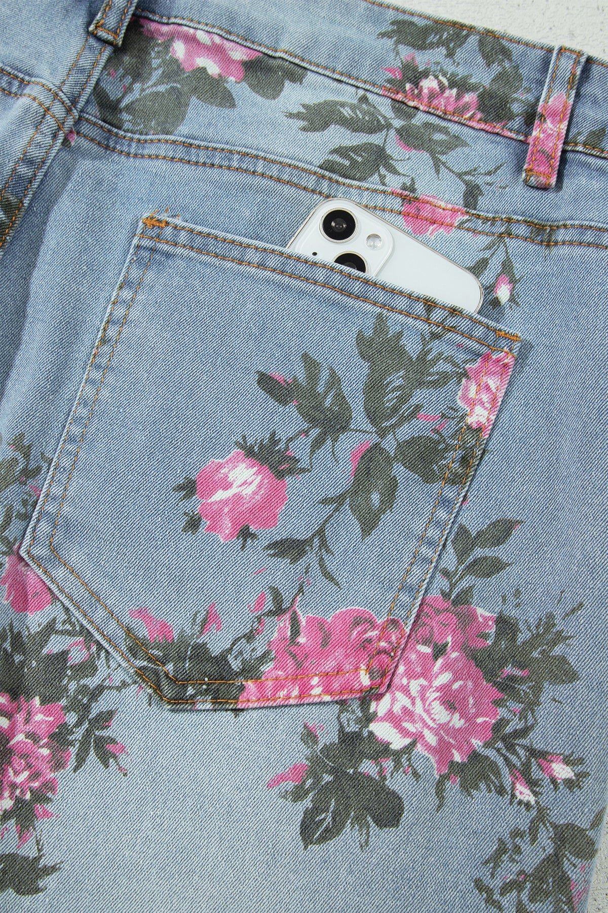 Sky Blue Plus Size Floral Print Ankle-Length Loose Jeans