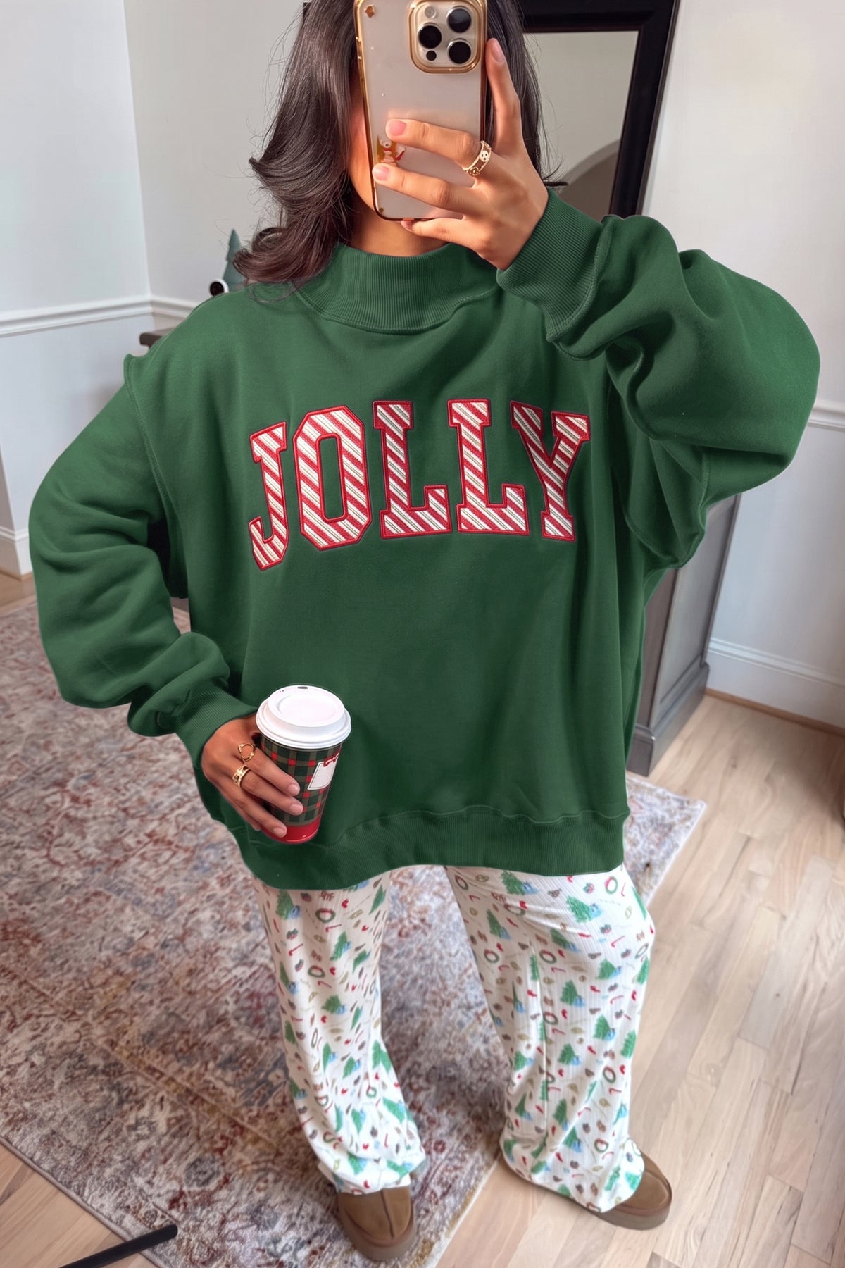 Blackish Green MERRY Embroidered Letter High Neck Tunic Sweatshirt