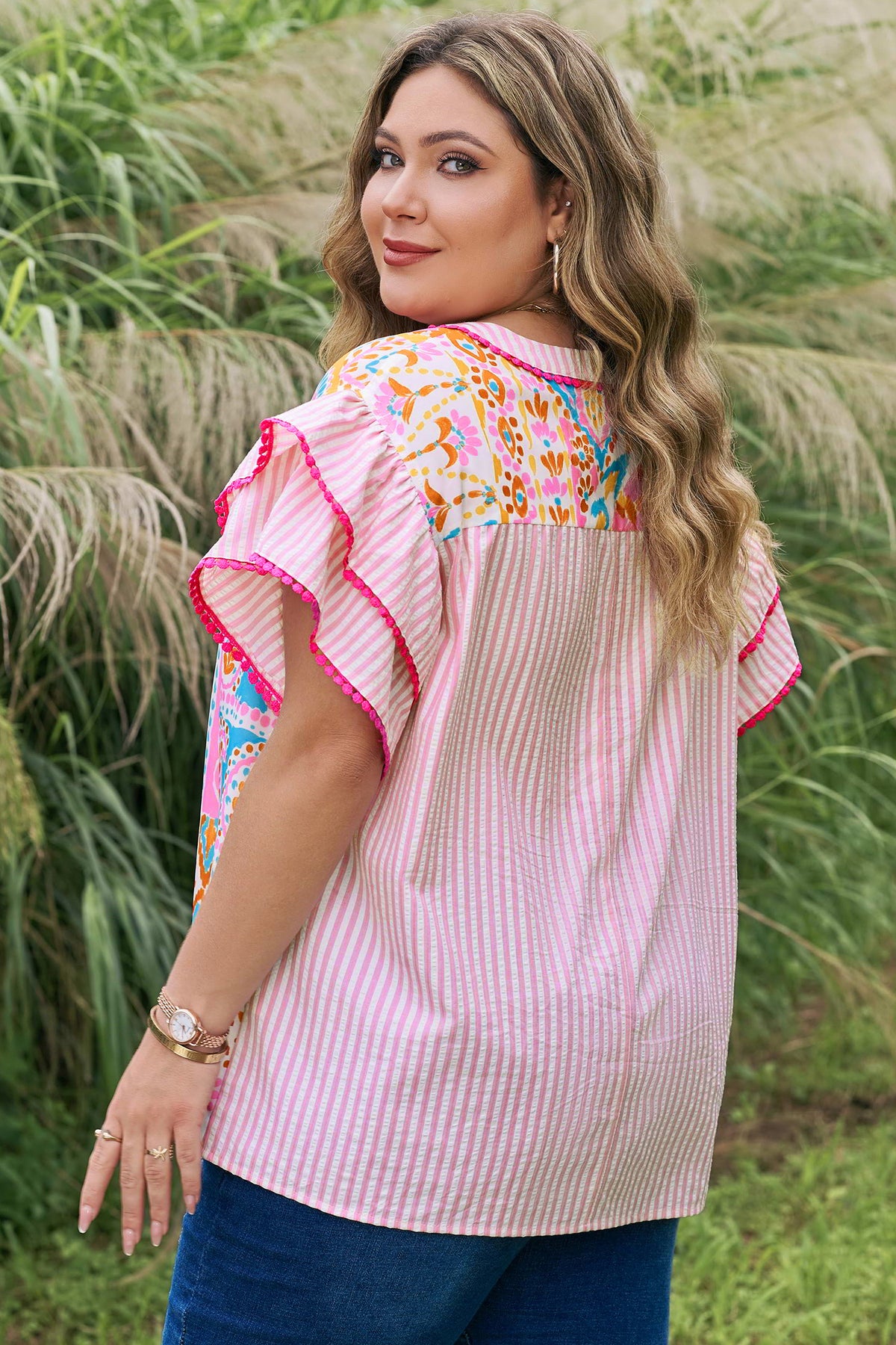 Rose Plus Size Geometric Print Contrast Trim Striped V-Neck Blouse