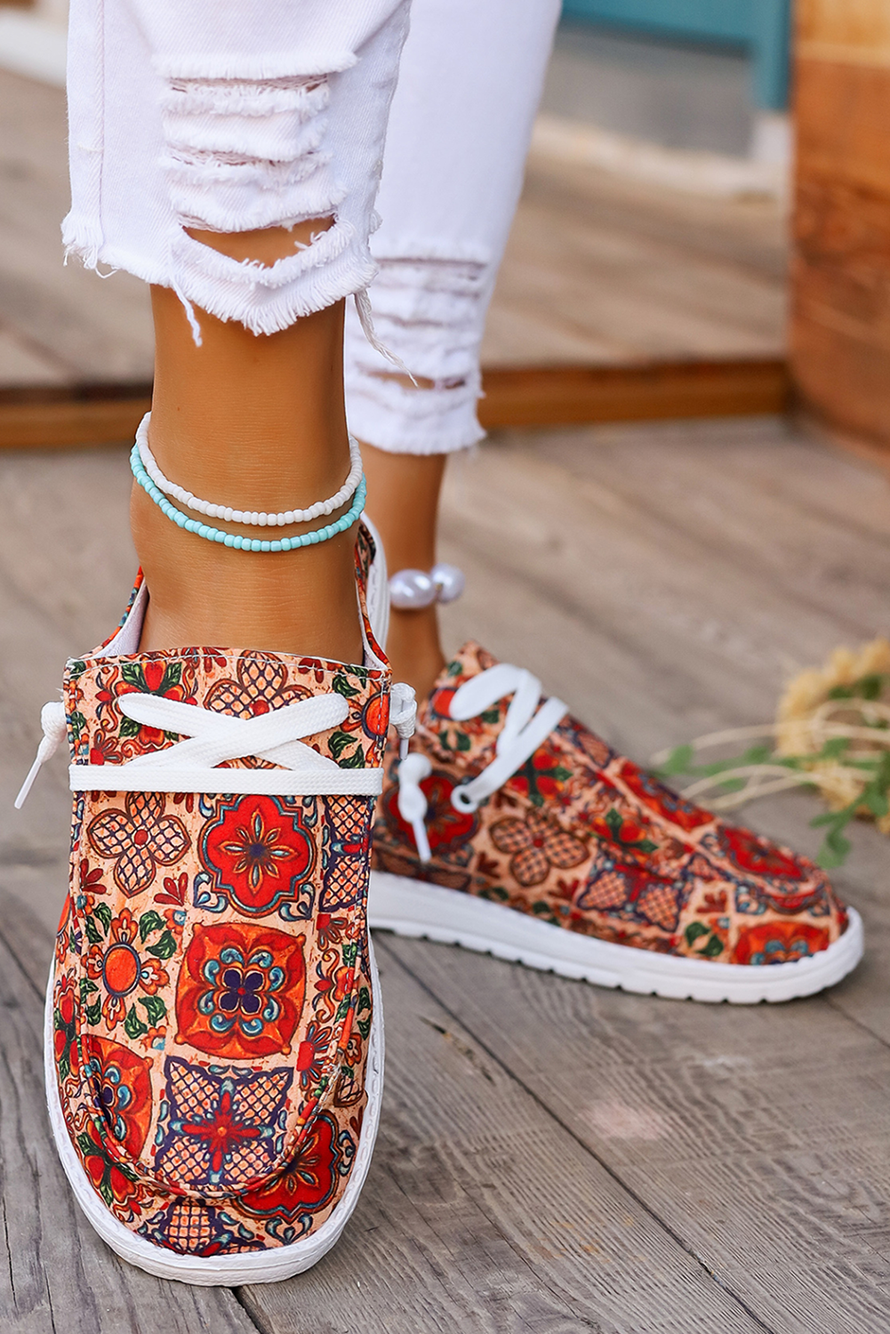 Fiery Red Western Printed Lacing Flat Slip-On Shoes