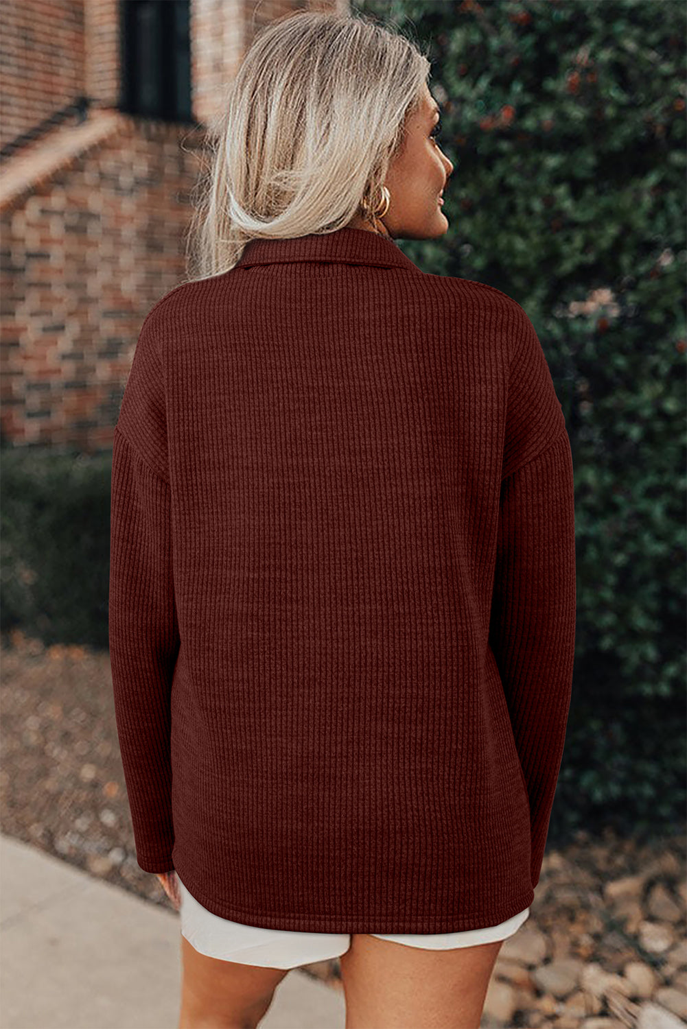 Red Sandalwood Ribbed Knit Buttons Front Flap Pocket Shacket
