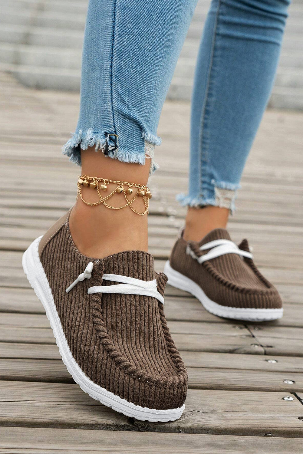 Coffee Solid Ribbed Criss Cross Slip-On Casual Shoes